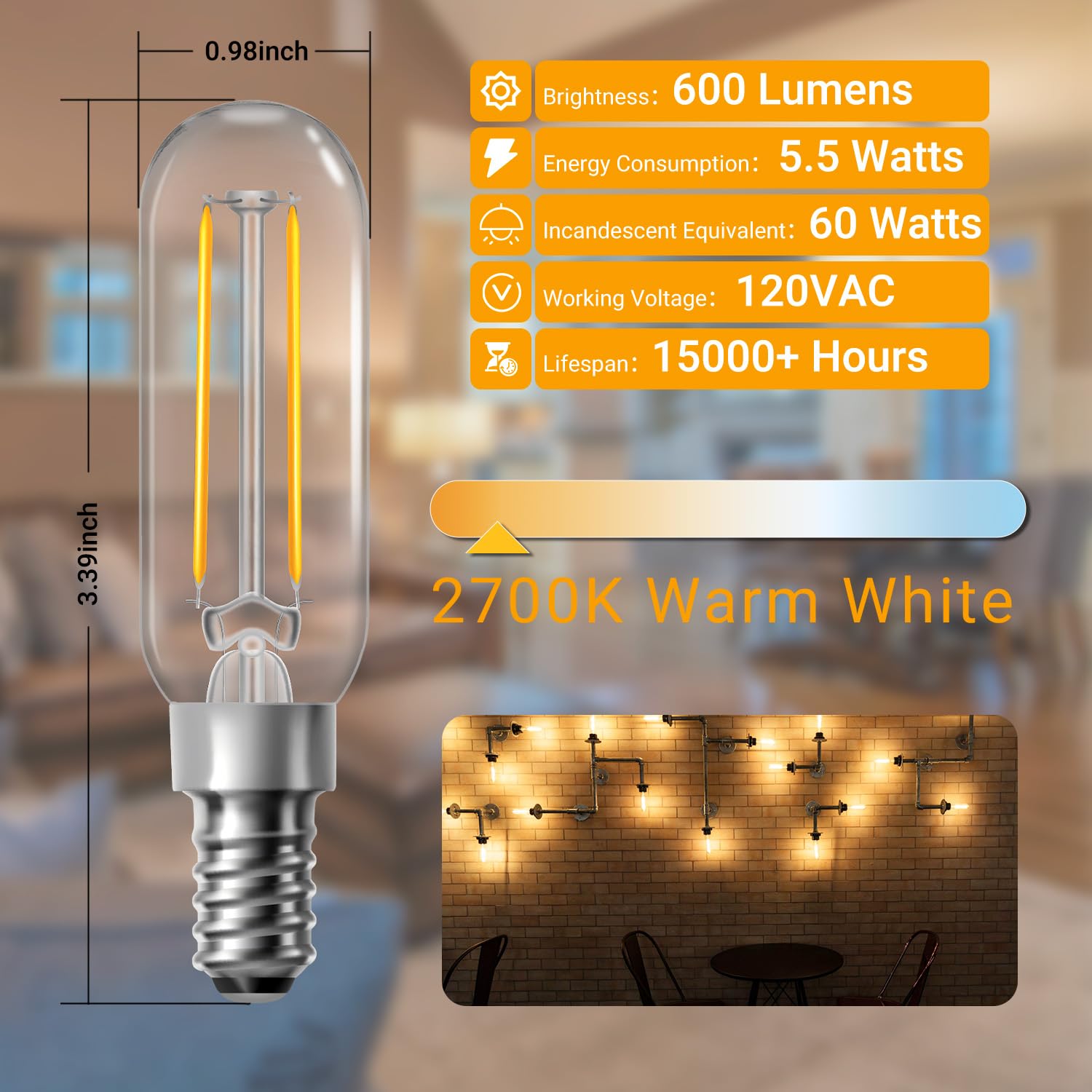 Dalattin T6 Candelabra Led Bulbs E12 Base 2700K Warm White, Small Base Clear Light Bulb 4.5W=60W, 500Lm Dimmable Vintage Edison
