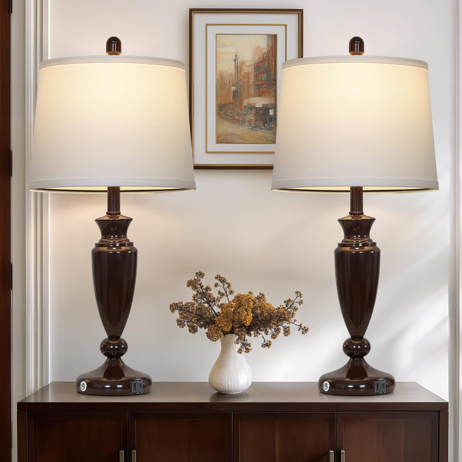 Rinweey 27'' Brown Living Room Lamps Set Of 2, 3 Way Touch Control Table Lamps With Usb A+C Ports, Modern Bedside Lamps, Elegant