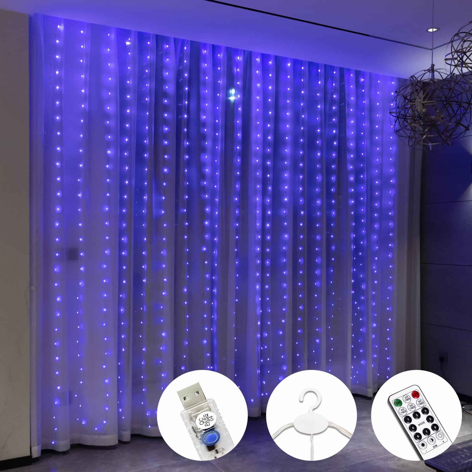 SINAMER Blue Pixie Curtain Light, 9.8ft x 9.8ft Untangled Copper Wire String Lights, USB Powered Hanging Window Fairy Lights, 8 Lighting Modes, Remote Control for Home Christmas Wedding Party