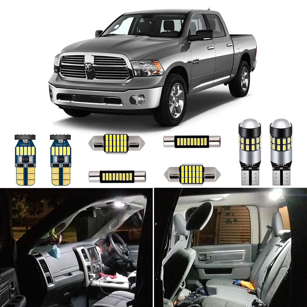 AUTOGINE 12 Piece White Interior LED Lights Kit for Dodge Ram 2009 2010 2011 2012 2013 2014 2015 2016 2017 2018 Super Bright 6000K Interior LED Light Bulbs Package + Install Tool