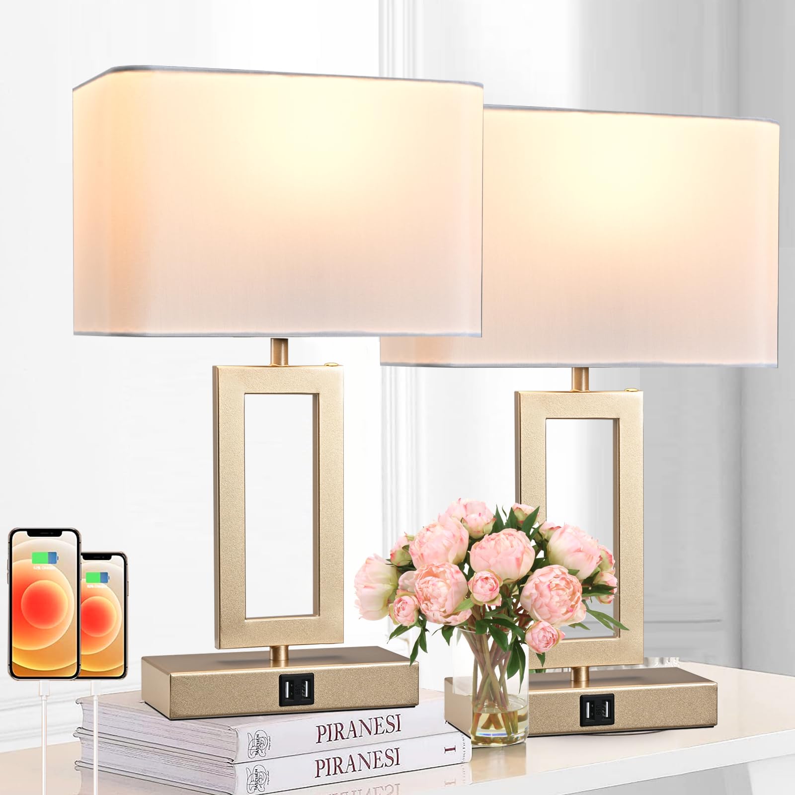 BrightWe Set of 2 Table Lamps with Touch Control, Dual USB Ports, 3-Way Dimmable, Medium Size, Gold & White, Model QL5166W-S