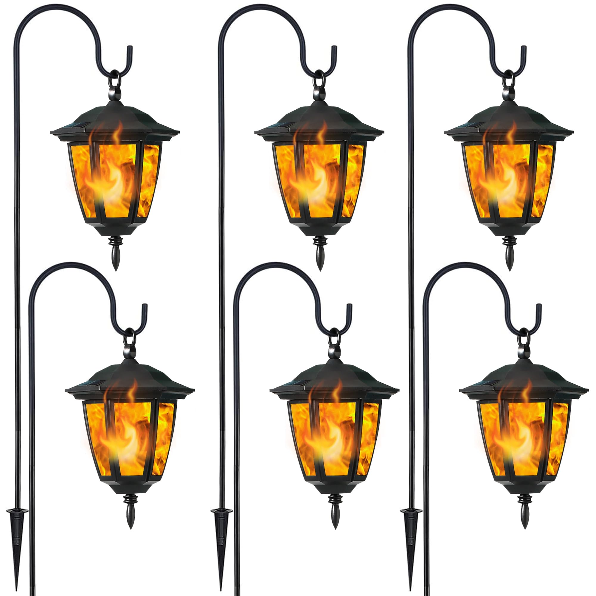 Dynaming 6 Pack Solar Flame Hanging Lights Outdoor, Solar Flickering Flame LED Garden Lanterns with 6 x 38 Inch Shepherd Hooks, 