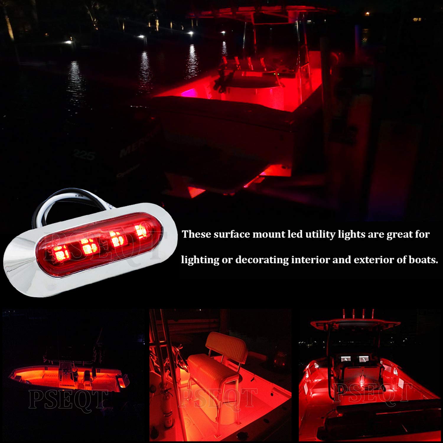 PSEQT Marine LED Lights, Waterproof Interior Deck Light, 3.8in  x 1.29in , Red, 12V/24V, for Boat, Kayak, and Fishing V
