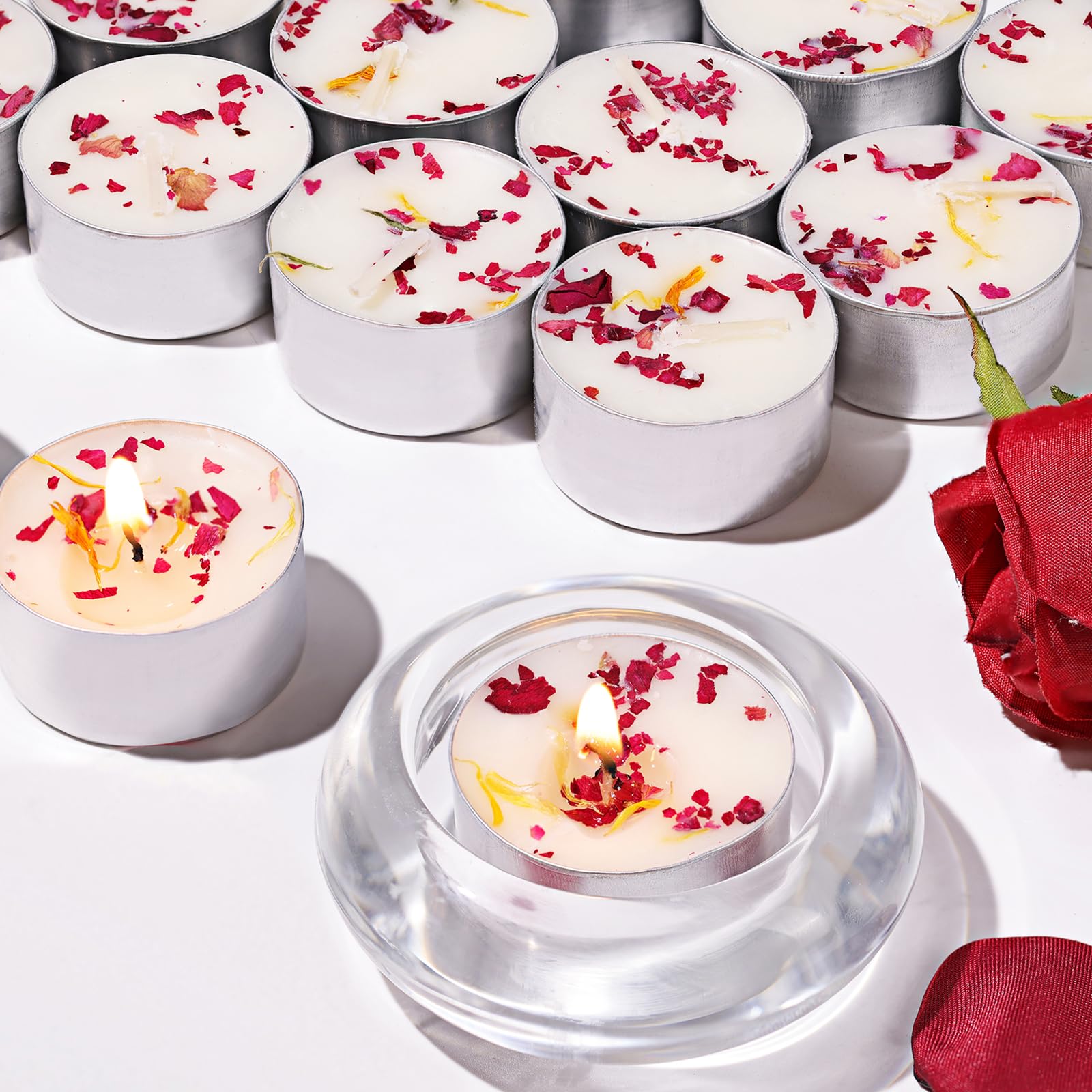 8 Pcs Rose Scented Tealight Candles  6H Long Burning - 100% Palm Wax Based Scented Tea Lights with Dried Flowers  Non-Toxic/Smokeless Tea Lights Candles for Spa  Bath  Wedding