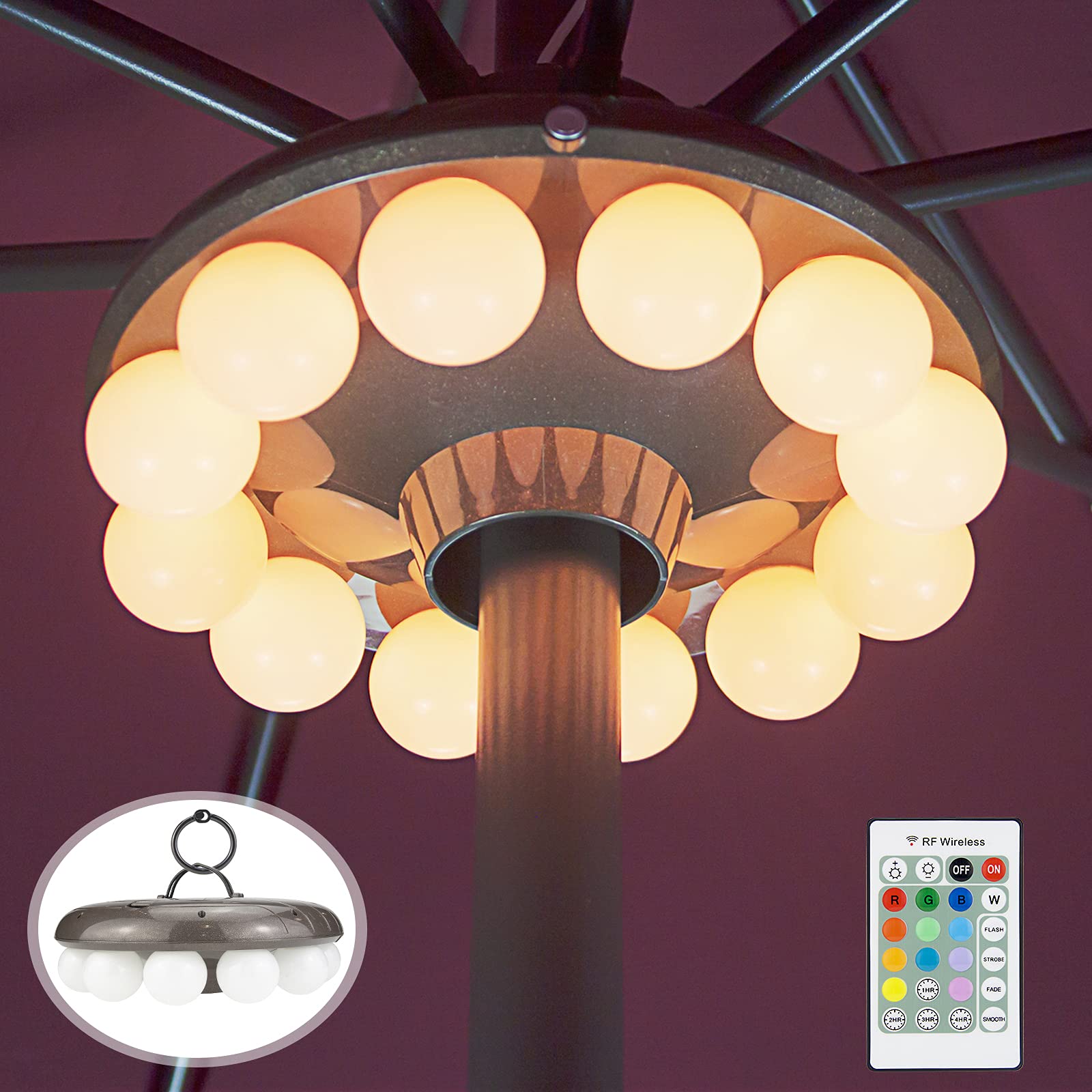 BIGMONAT Patio Umbrella Light with RF Remote Control, 12 Color Changing, 200 Lumens, Dimmable, Bronze-milky Bulb, Model: UMBRELLA LIGHT