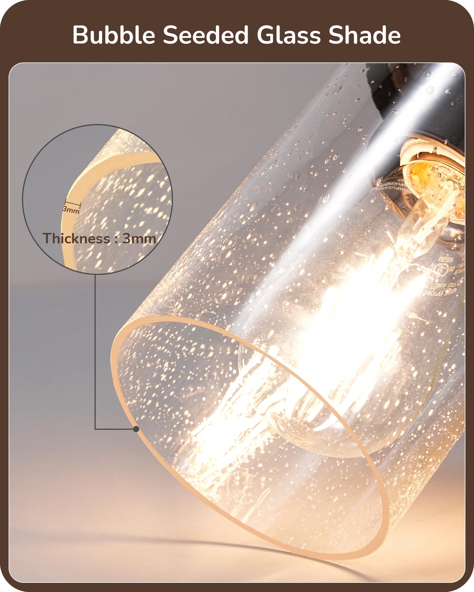 EDISHINE 3-Light Farmhouse Vanity Light Fixture, Dark Wood Bubble Glass Shade, Model HHVL02G