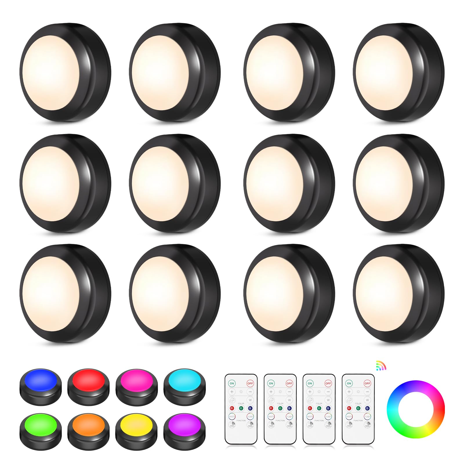 Ahuledlight LED Puck Lights with Remote Control, 16 Color Changing Wireless Under Cabinet Lighting with Dimmer & Timer, AAA Batt