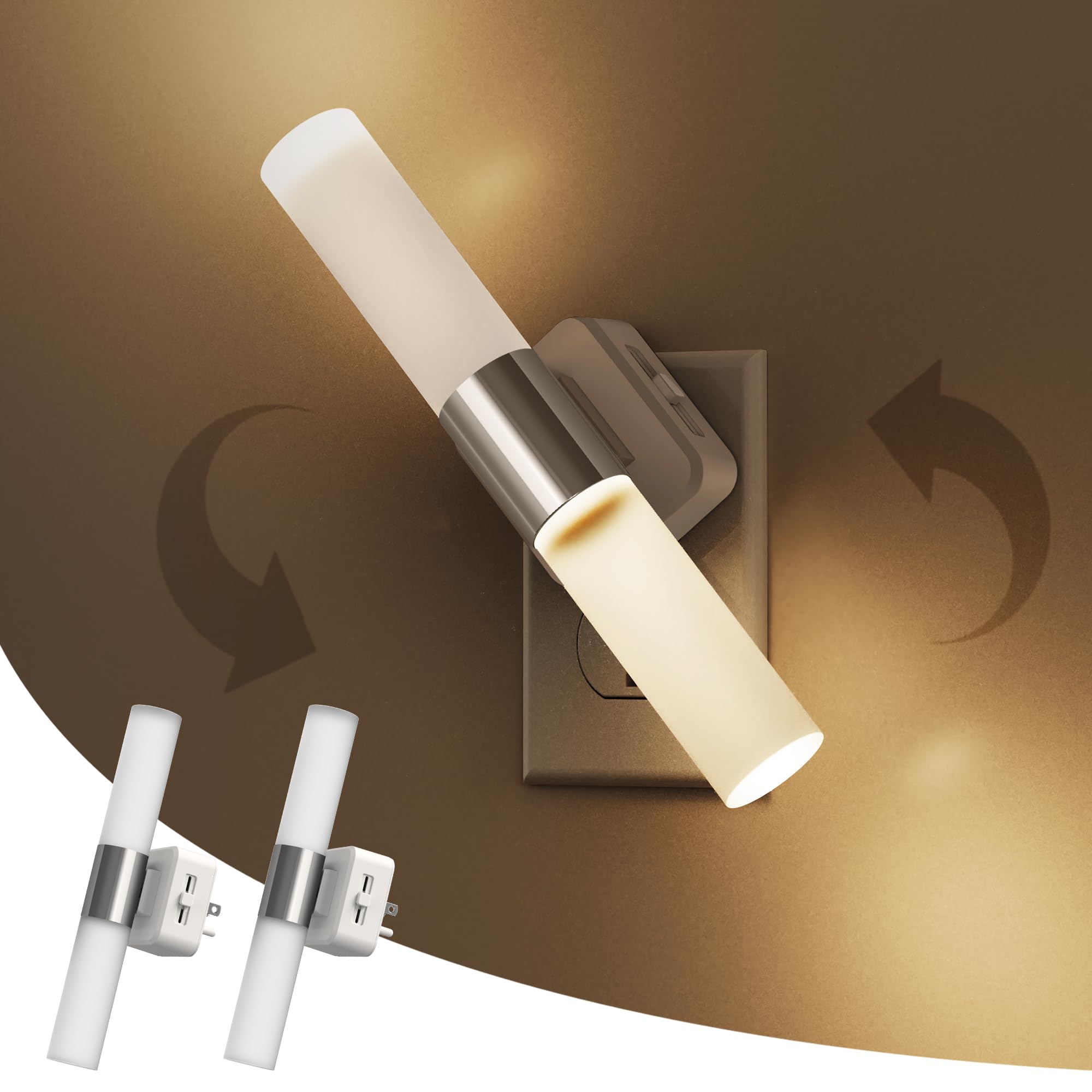 L LOHAS LED Night Light, 2 Pack, 3000K Soft White, Adjustable Brightness, 180° Rotating Plug, Acrylic, Matte White
