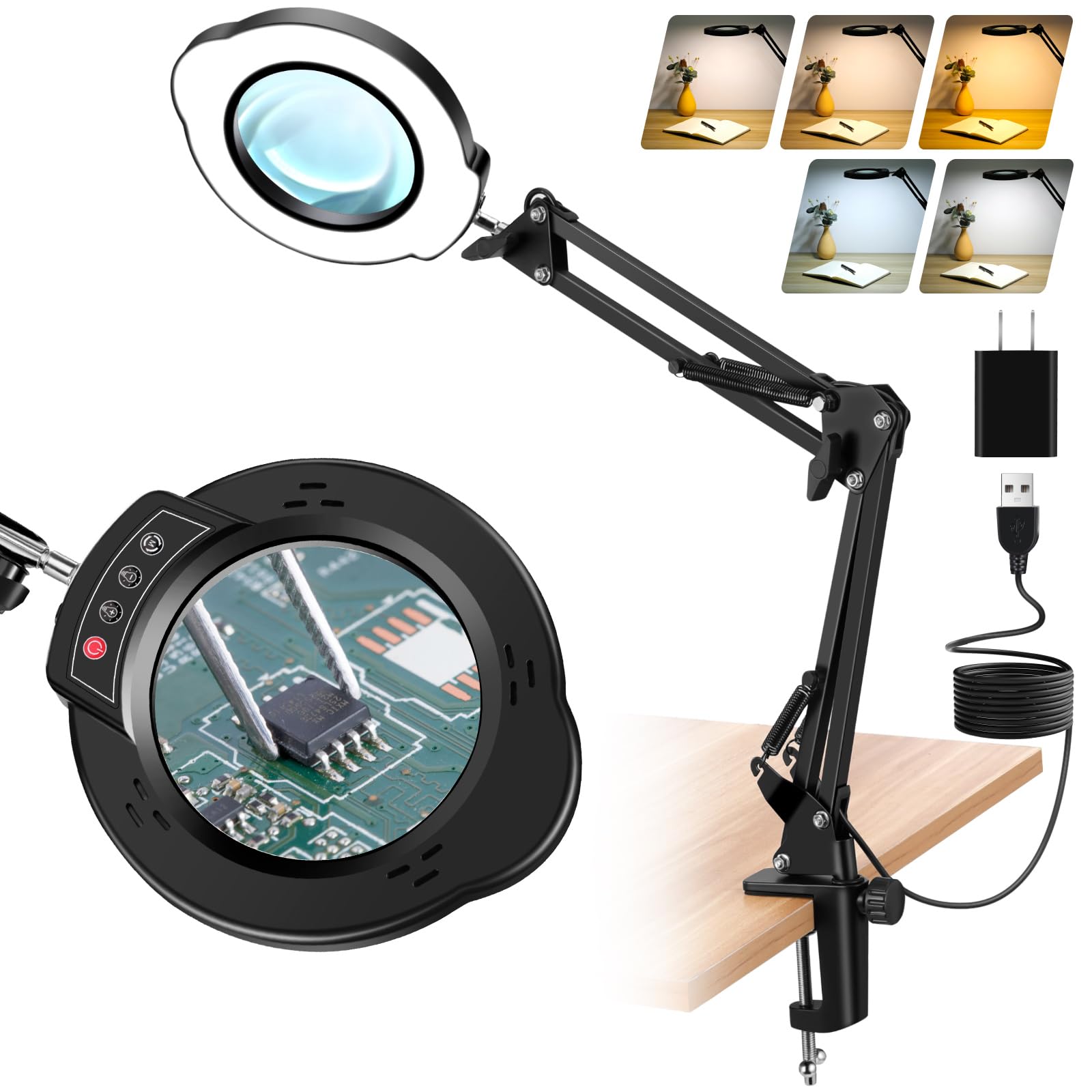 Aigogo 10X Magnifying Glass with Light, Stepless Dimmable LED, Hands-Free, Black, Model M10