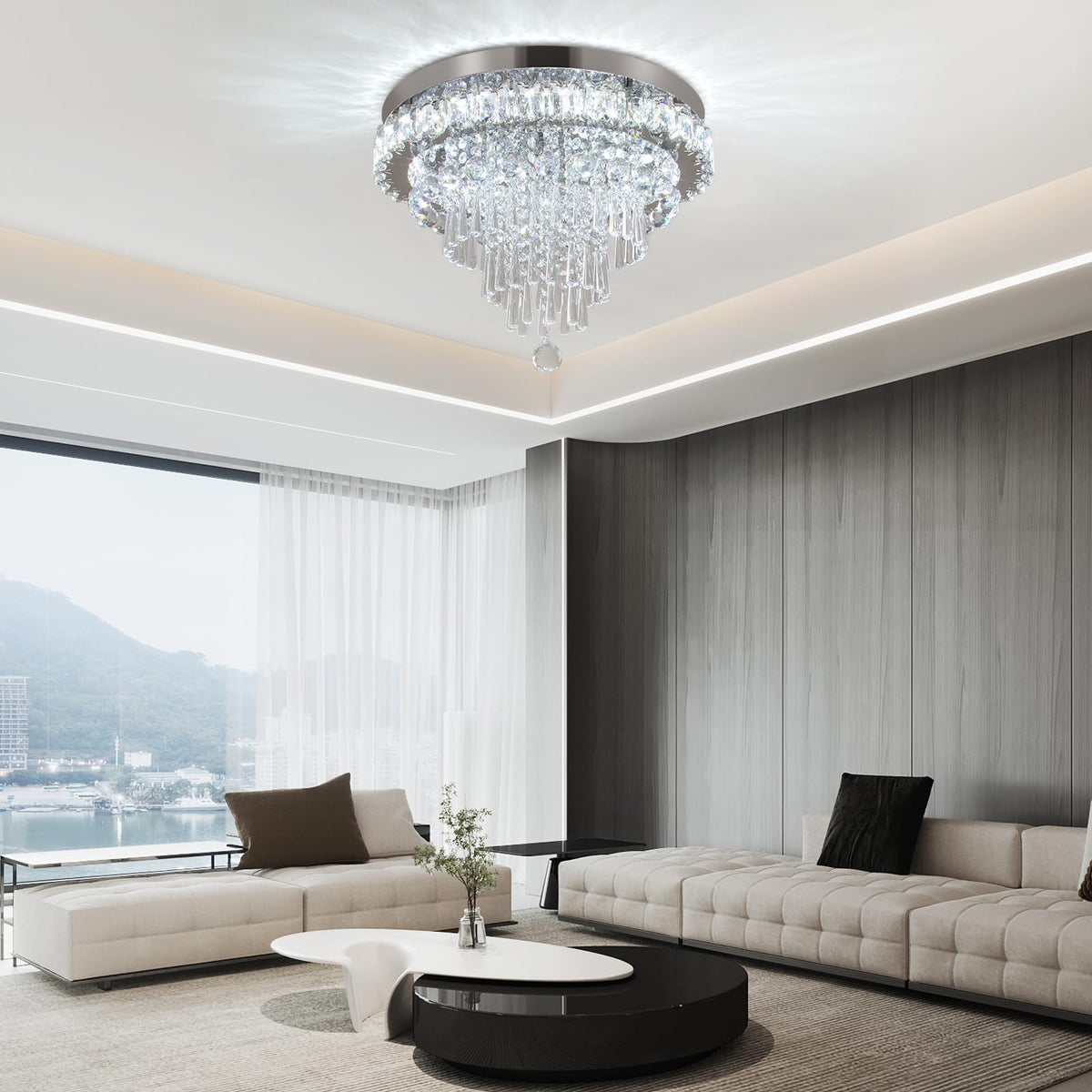 FRIXCHUR Modern Crystal Chandelier Ceiling Light LED Flush Mount 19.7i ...