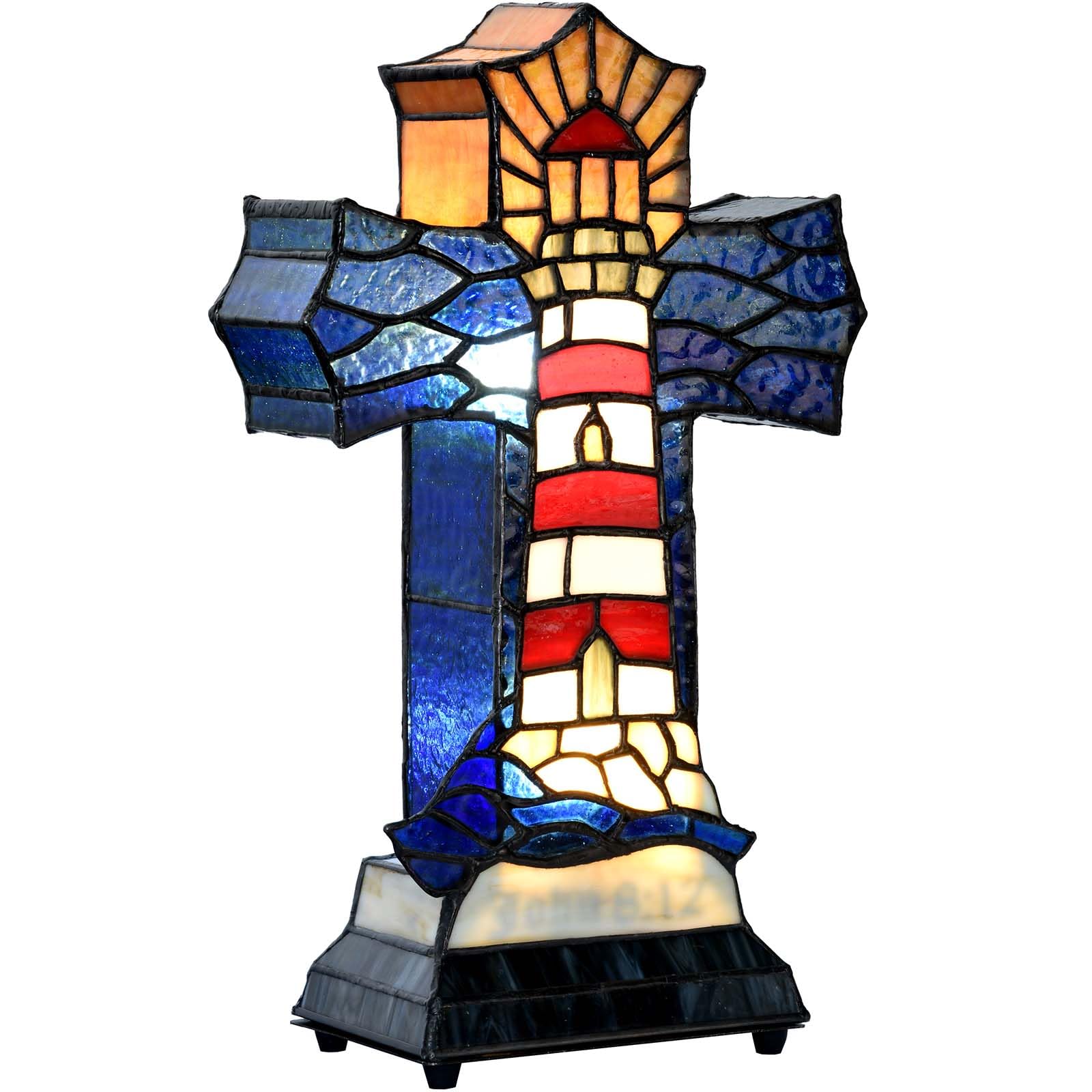 Bieye L12020 Christian Cross Tiffany Style Stained Glass Table Lamp for Home D  cor (Lighthouse)