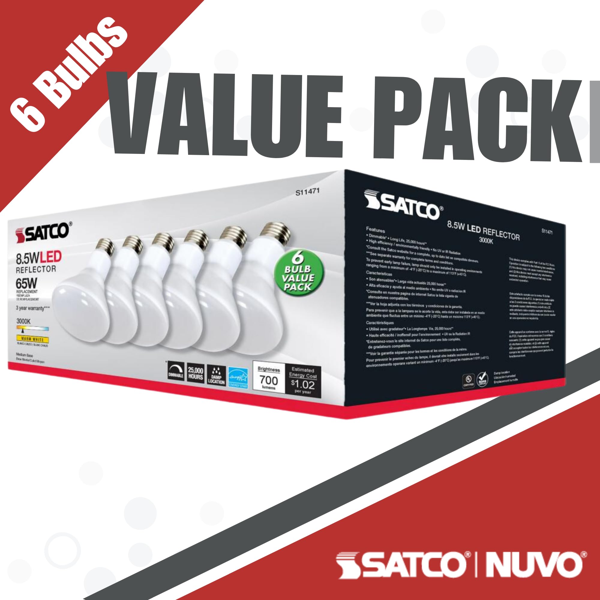 Satco S11471 8.5 Watt; Br30 Led Light Bulbs - 3000K (12 Led Light Bulbs)
