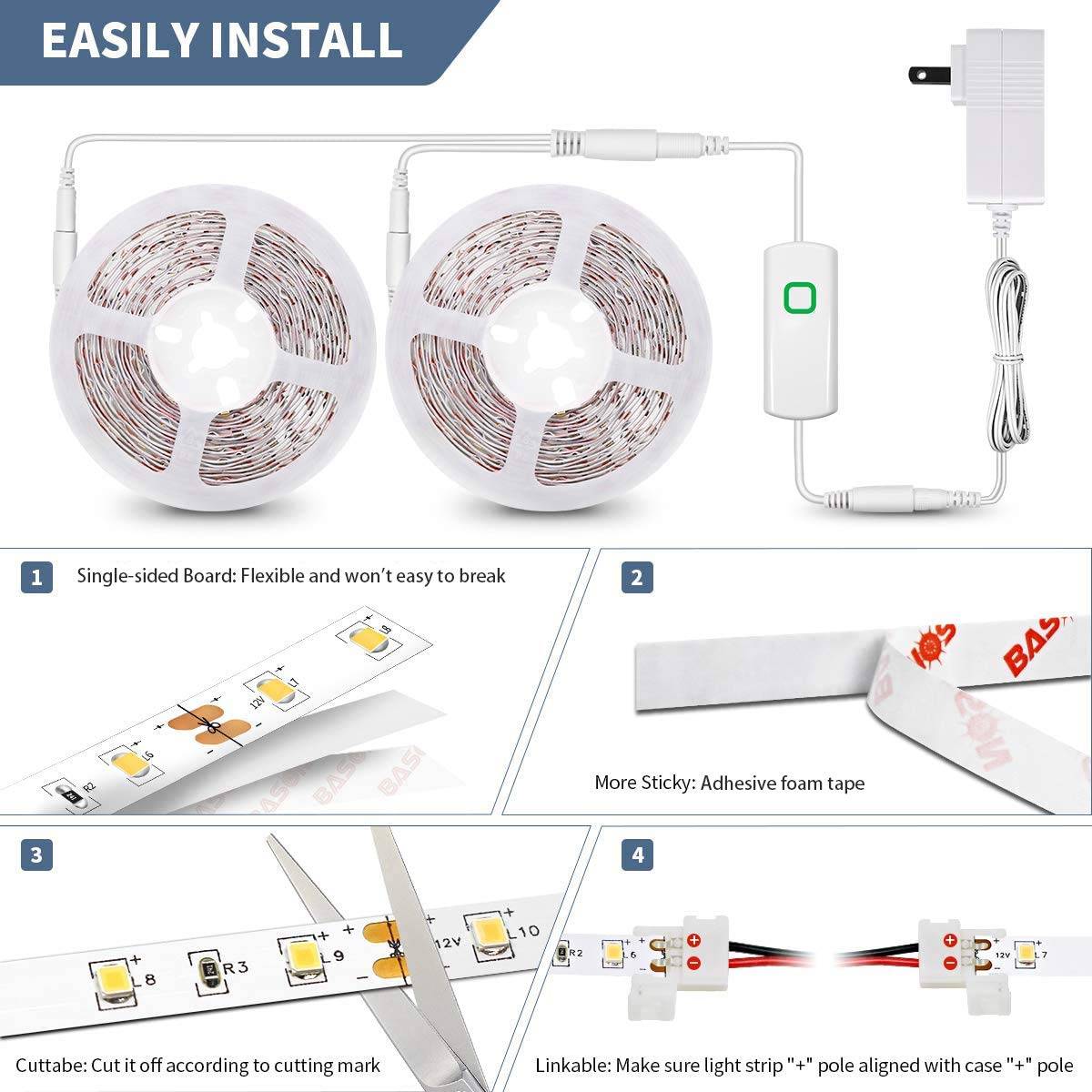 MY BEAUTY LIGHT LED Strip Lights Warm White 32.8FT Dimmable Flexible Rope Lights with Power Supply and Accessories Model ZH117-3000K
