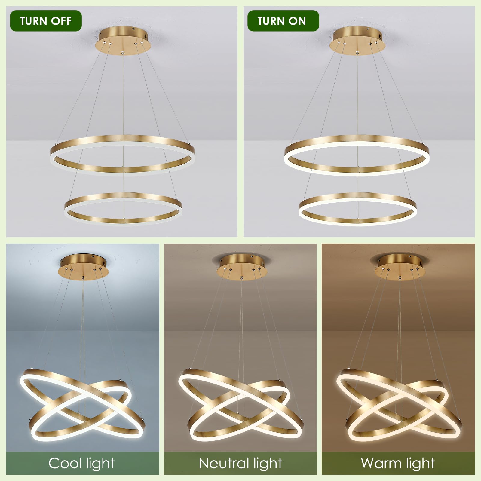 Benkut 2-Rings Modern Led Chandelier Gold For Dining Room, Circular Flush Mount Ceiling Chandelier Light Dimmable Pendant Light With Remote Control For Living Room Entrance Foyer, 3000K-6500K