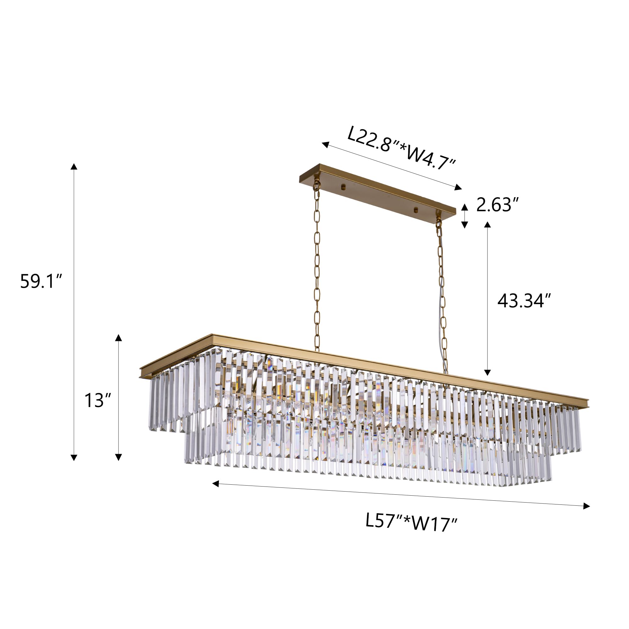 Wellmet 13-Light Gold Crystal Chandelier, 57" Modern Rectangular Ceiling Fixture for Living Room, Dining Room, Bedroom, Kitchen Island
