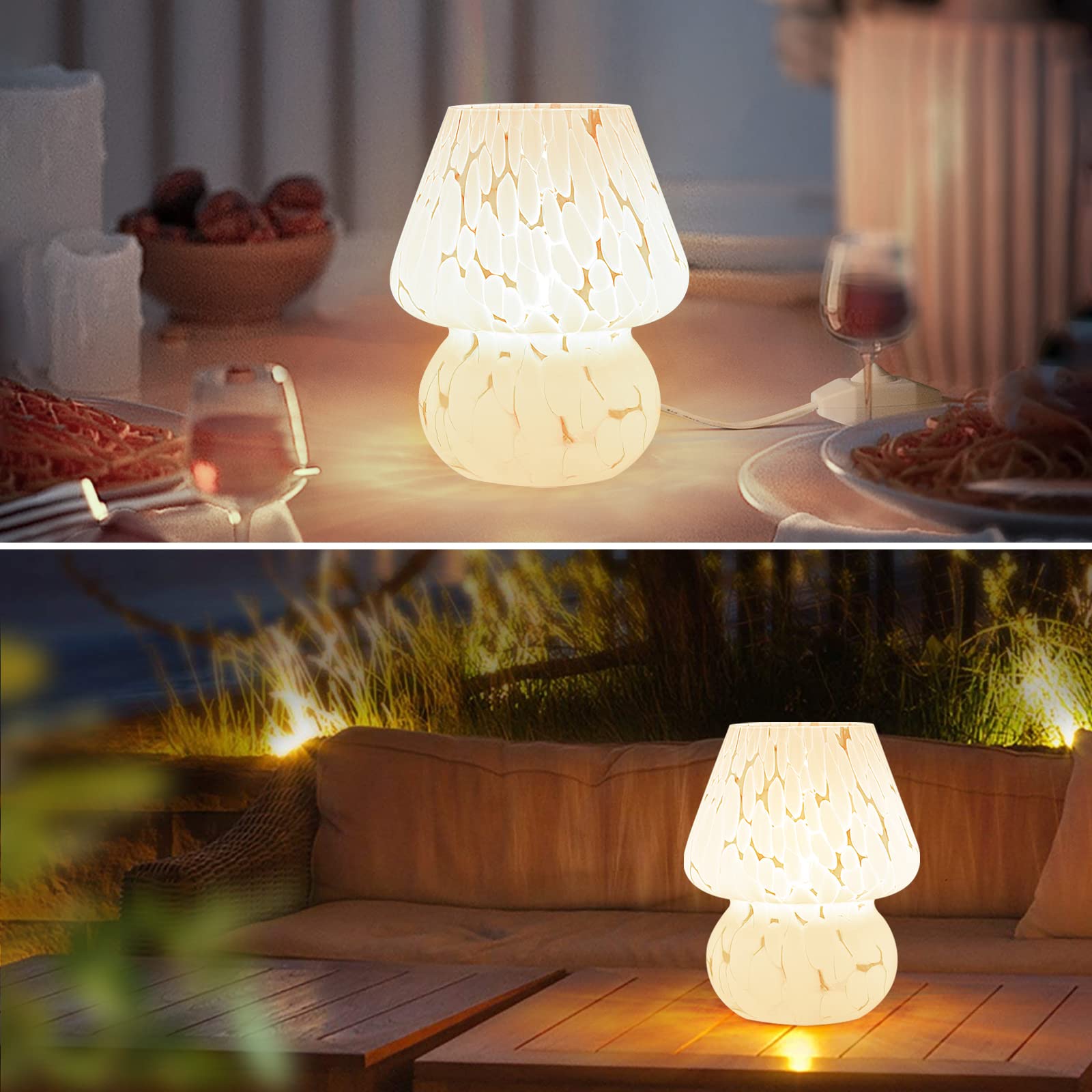 Onewish Mushroom Lamp Small Bedside Table Lamp-Nightstand Nightlight Dimmable Stepless, Translucent Glass White Desk Lamp For Be