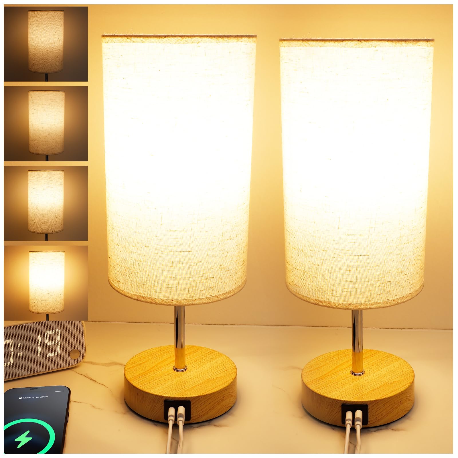 UNIFUN Bedside Table Lamp for Bedroom - 4 Way Dimmable Touch Lamp with USB and Type-C Charge Port,Small Wood Base Round Flaxen F