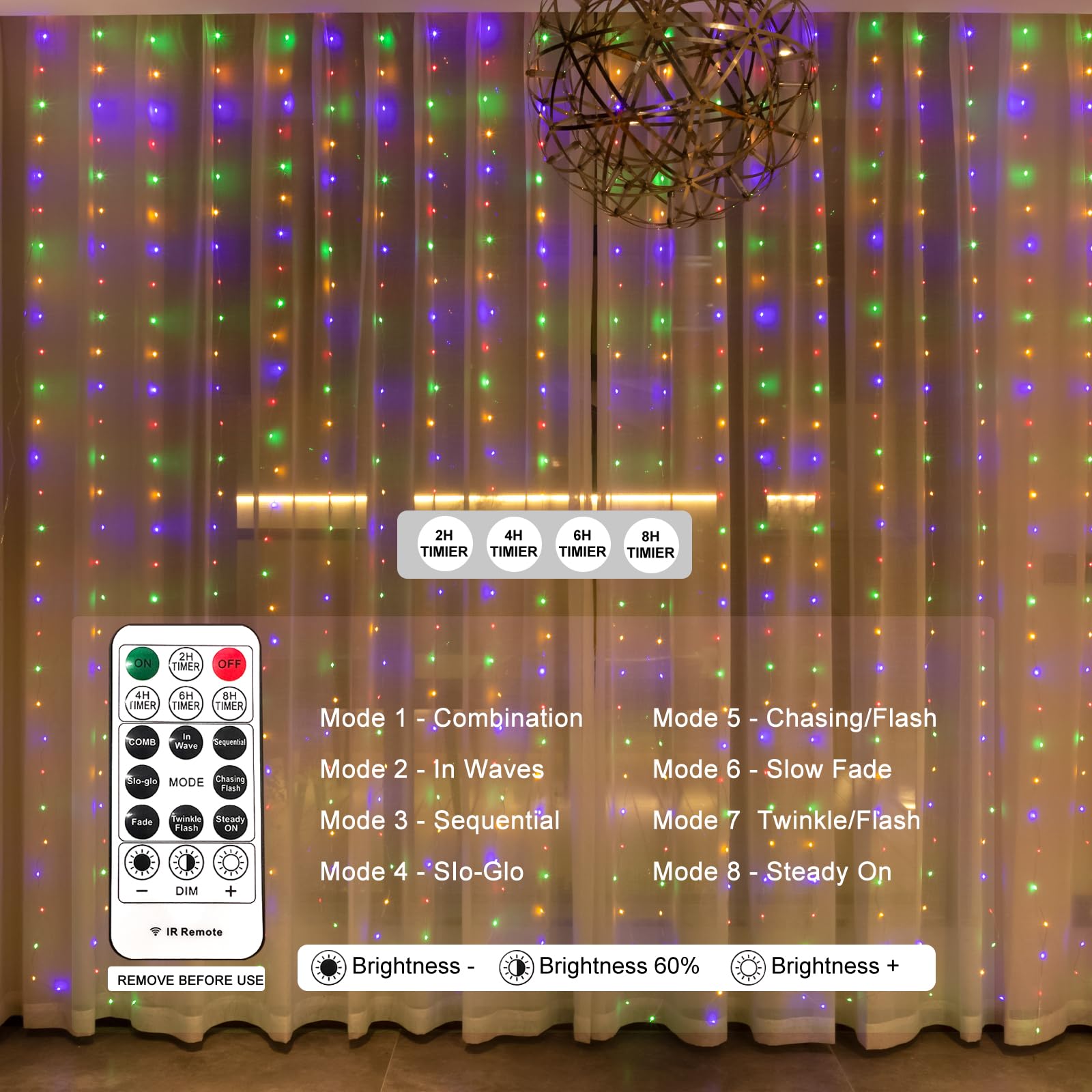 Sinamer Pixie Curtain String Light With Untangled Wires, Multicolor Curtain Light For Bedroom, Usb Powered 8 Modes Remote Fairy Light For Home Wedding Party Decor