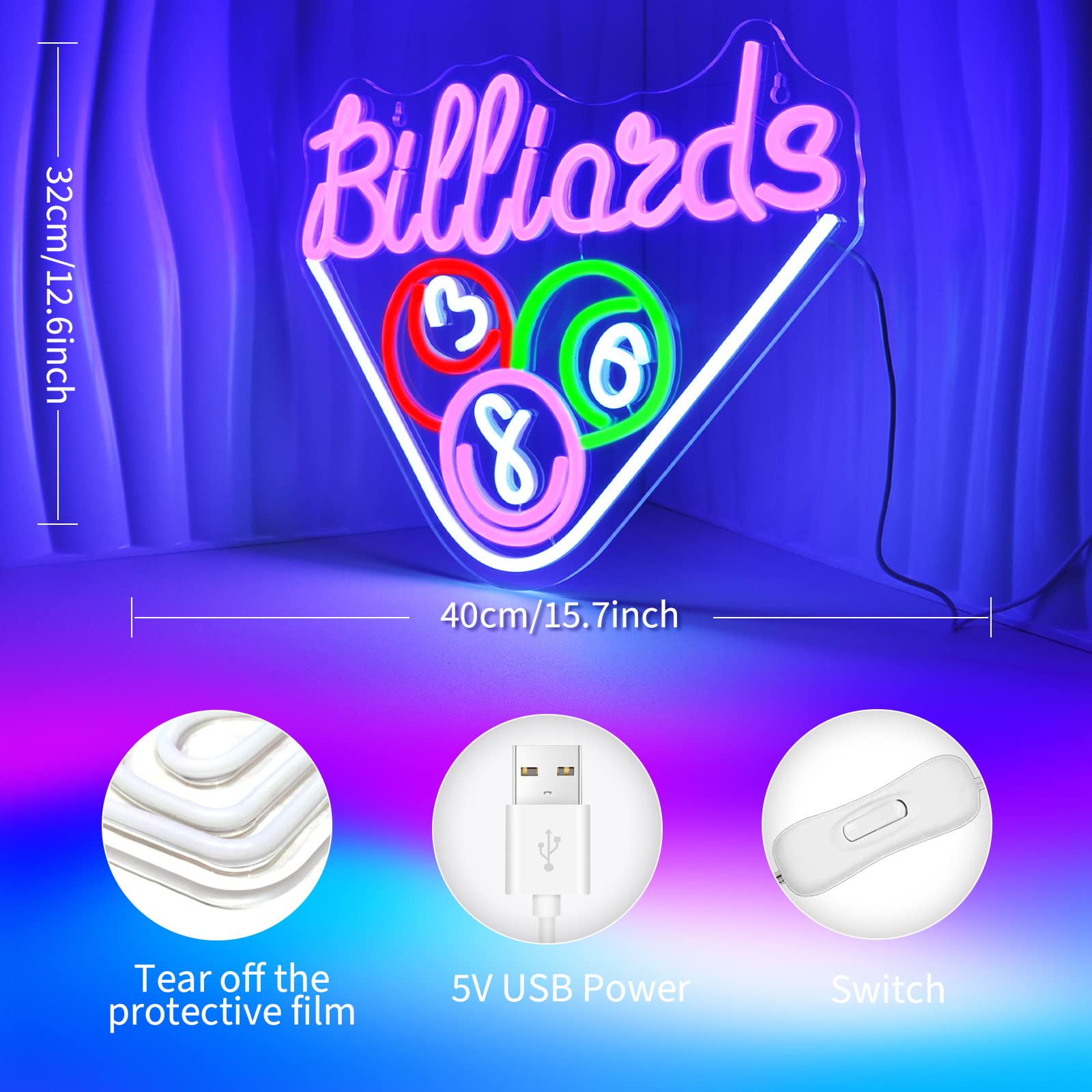 JEDAEMEN Billiards Neon Sign LED Wall Decor Medium Acrylic Purple Model 018 USB Powered