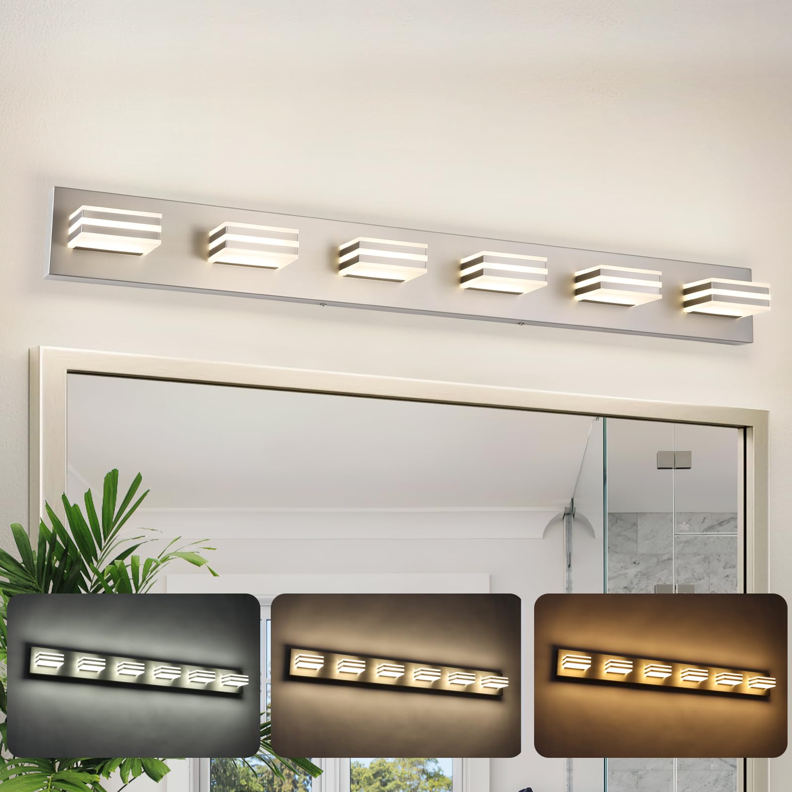 yumcrelect LED Wall Brushed Nickel Vanity Lights for Bathroom Light Fixtures 36W Adjust 3 Colors Modern Bath Lighing Over Mirror LED Vanity Light (6-Light 41inch)