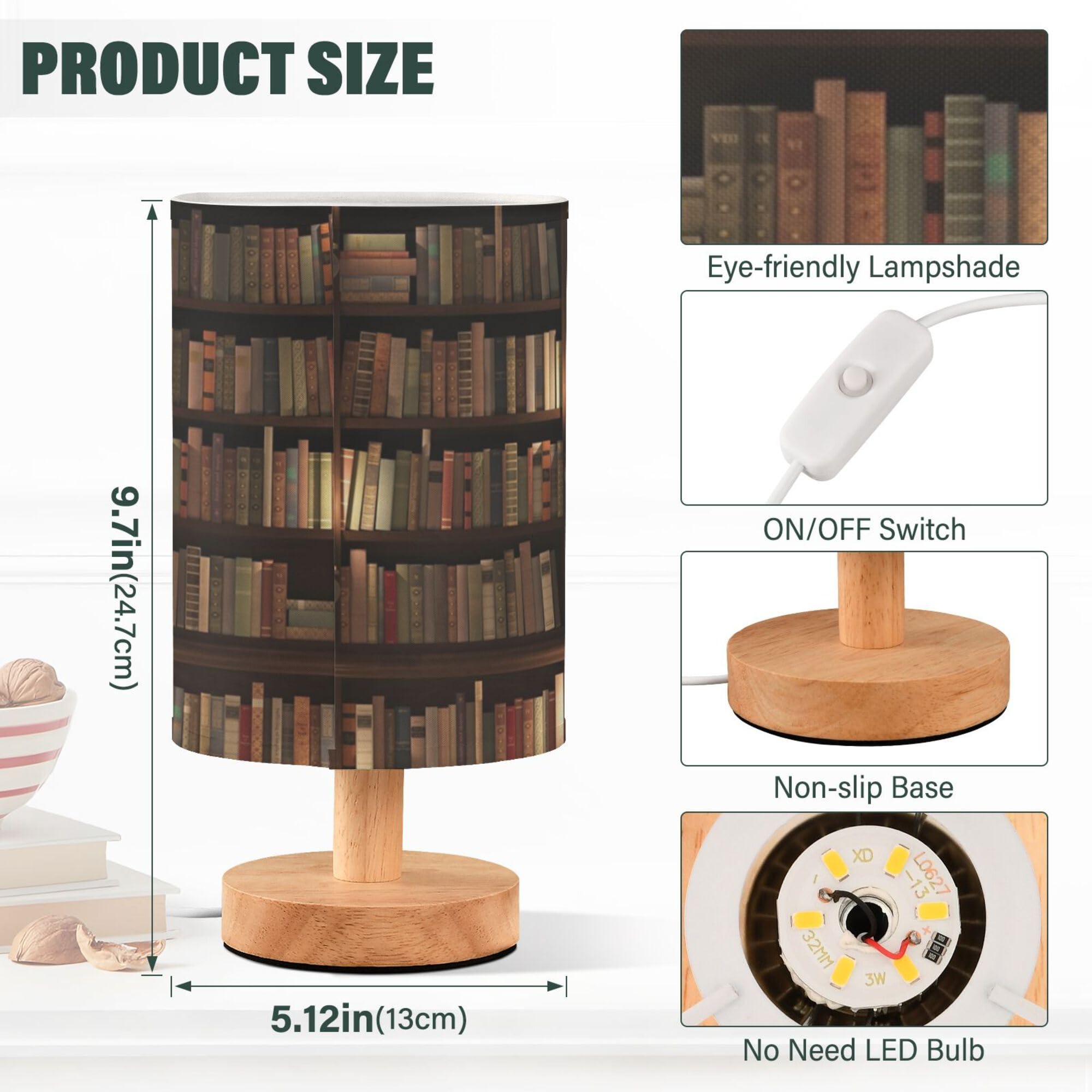 Yyzzh Table Lamp Library Bookshelf Book Candle Nightstand Lamp With Wood Base Fabric Lamp Shade Bedside Desk Lamp For Living Roo