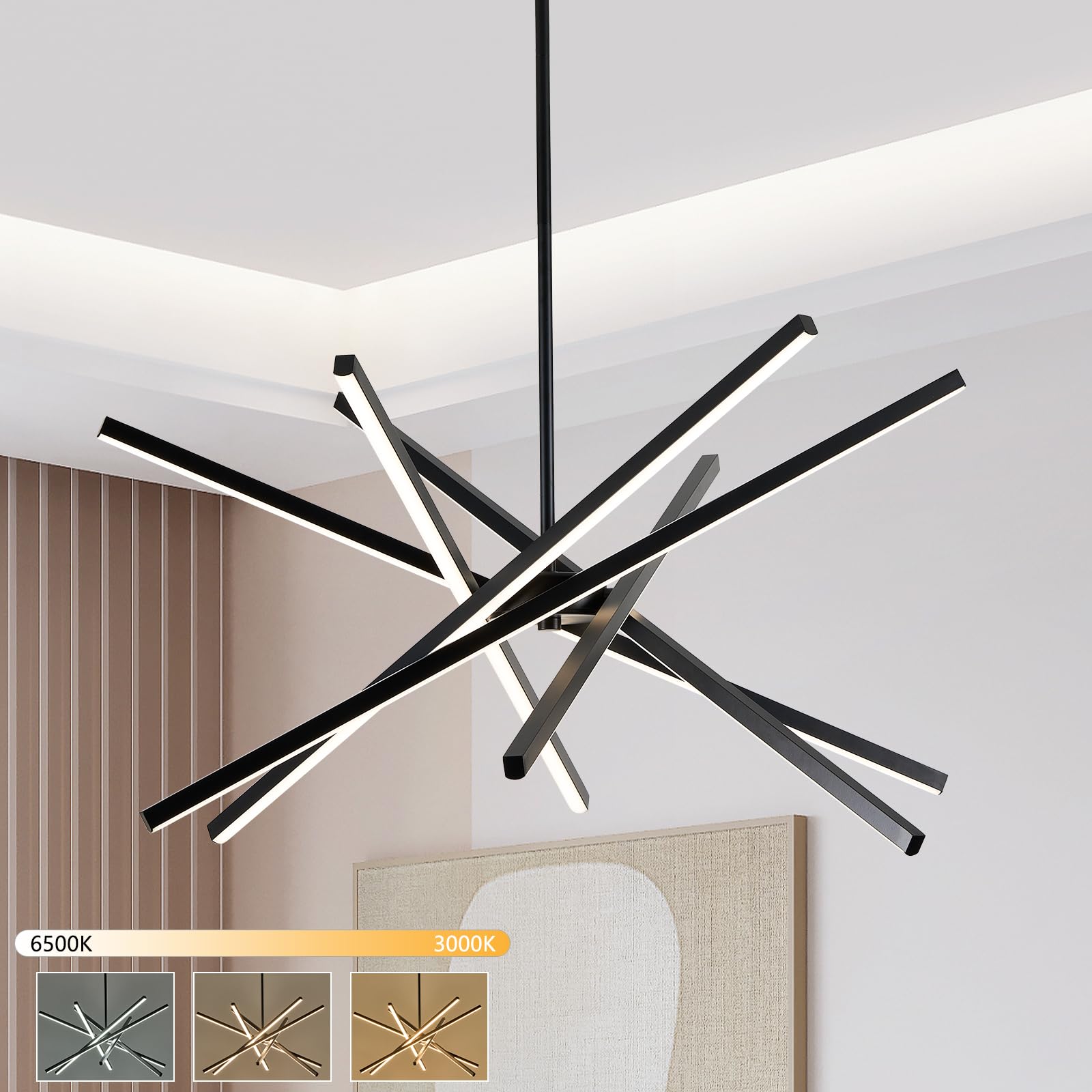 HOGBU Modern Black Chandelier Light Fixtures - LED 6-Lights Dining Room Linear Chandeliers Sputnik Pendant Lights Fixture Over T