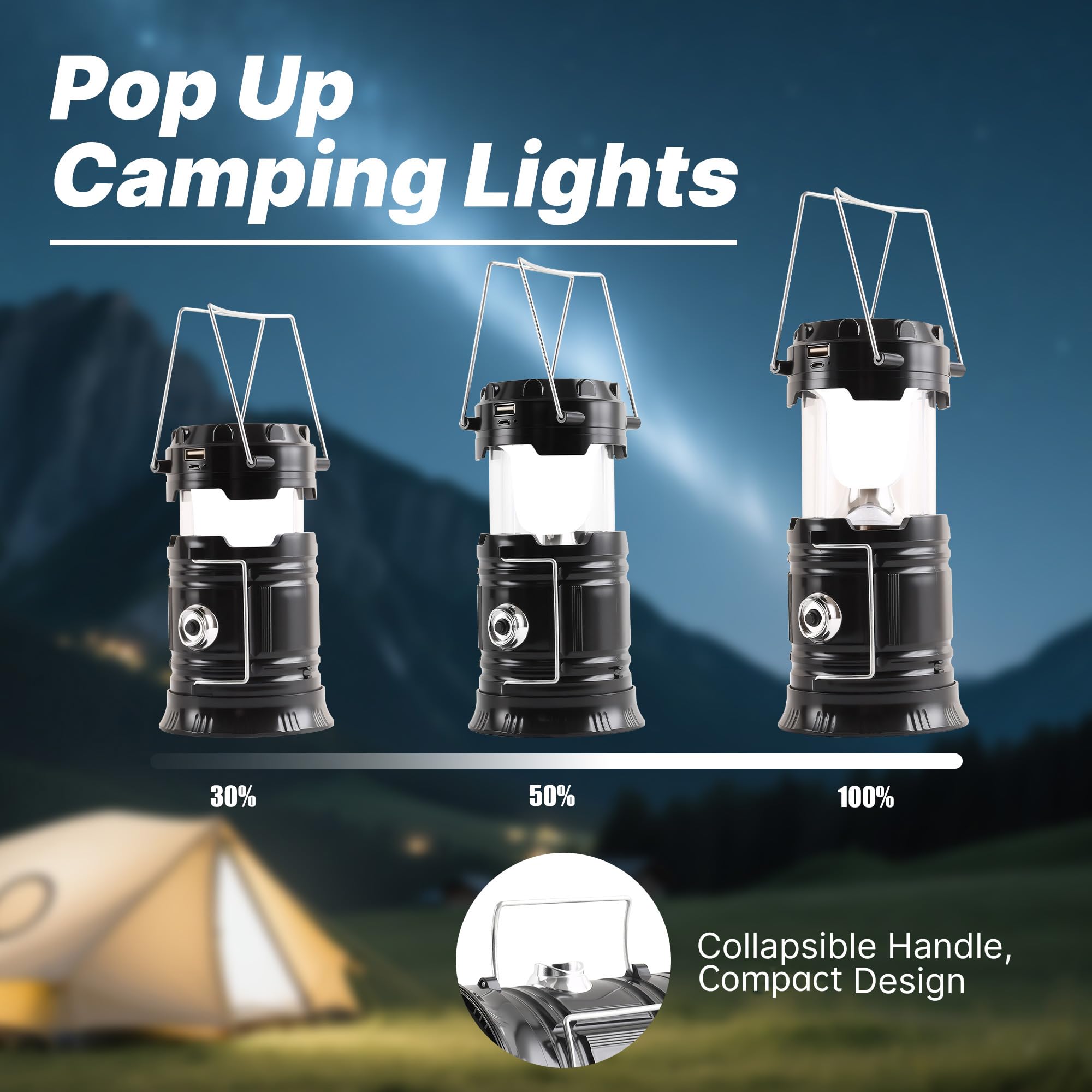 Lichamp Collapsible Solar Camping Lantern, USB Rechargeable LED Flashlight, 4-Pack, Black, Model CLS-L004BK