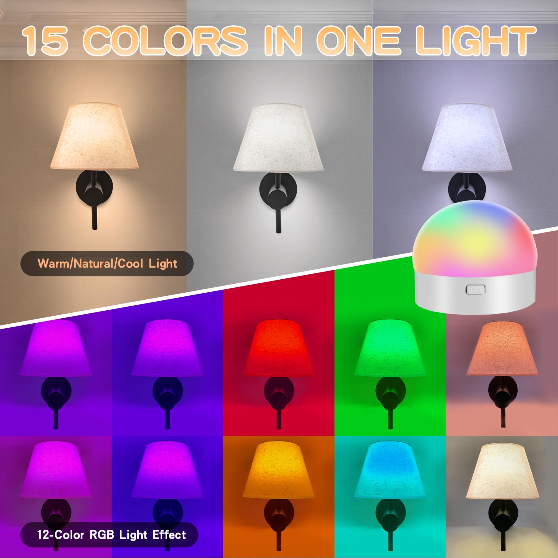 Battery Operated Wall Sconce - Two Sets Of Rechargeable Wall Lights With Remote, 3000K-6000K & 12-Color Rgb Adjustable Effects & Brightness Wall Lamps, One-Piece Lampshade & Magnetic Bulbs Included
