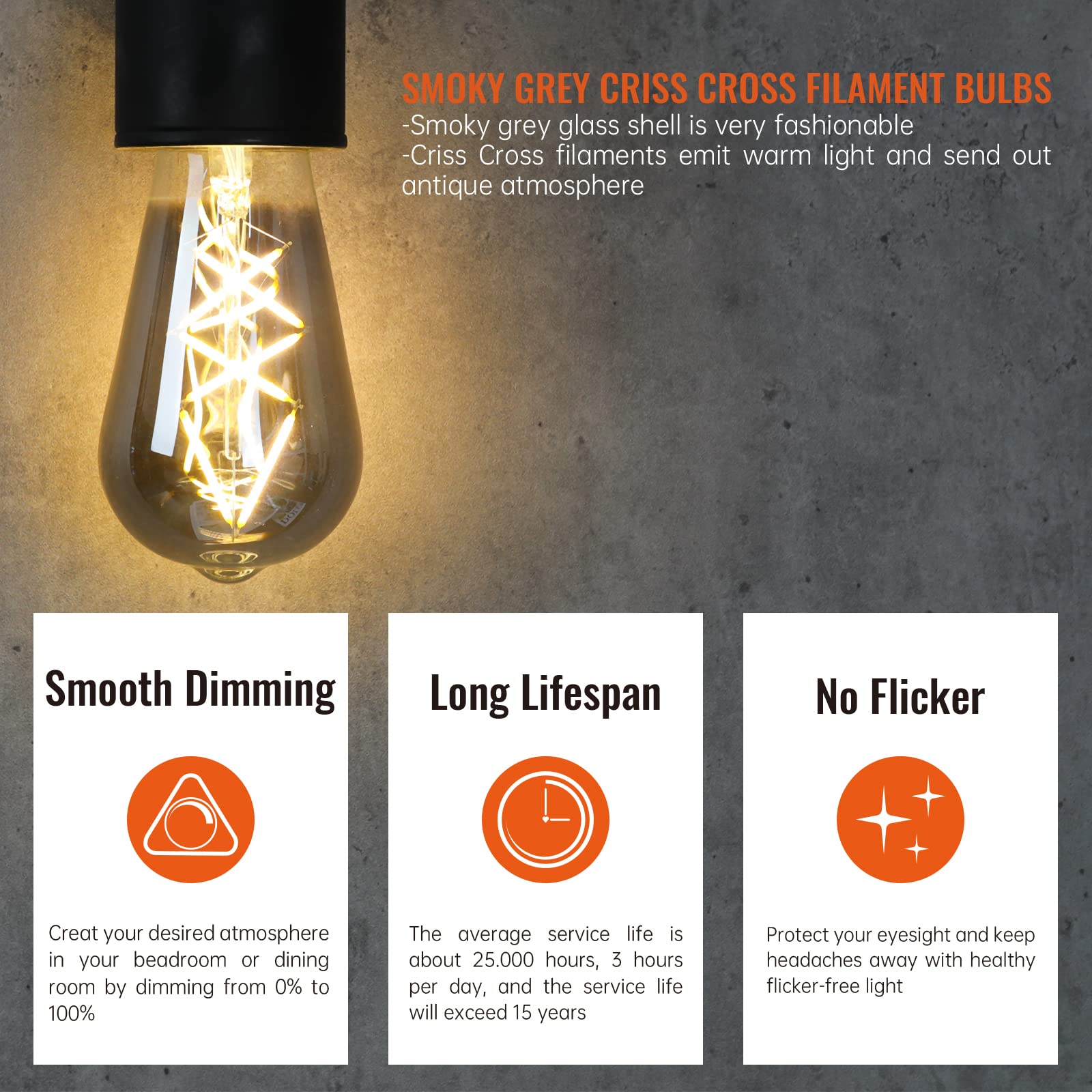 OMED Dimmable LED Edison Bulbs, 6W 2700K Soft White, Pack of 12, Smoky Grey Glass, 600 Lumens, E26 Base, Vintage Fish