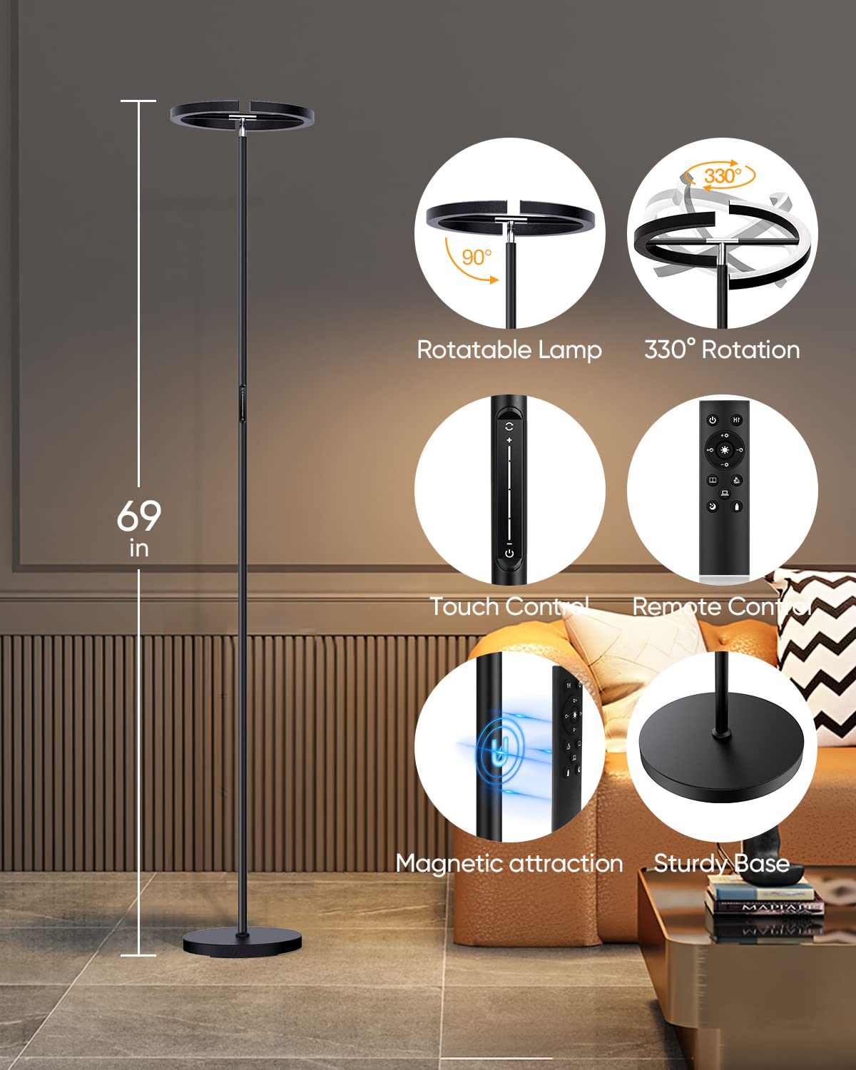 Floor Lamps For Living Room,Sibrille Modern Stepless Dimmable Standing Lamp 3000-6000K,20W Led Rotatable Reading Standing Light,