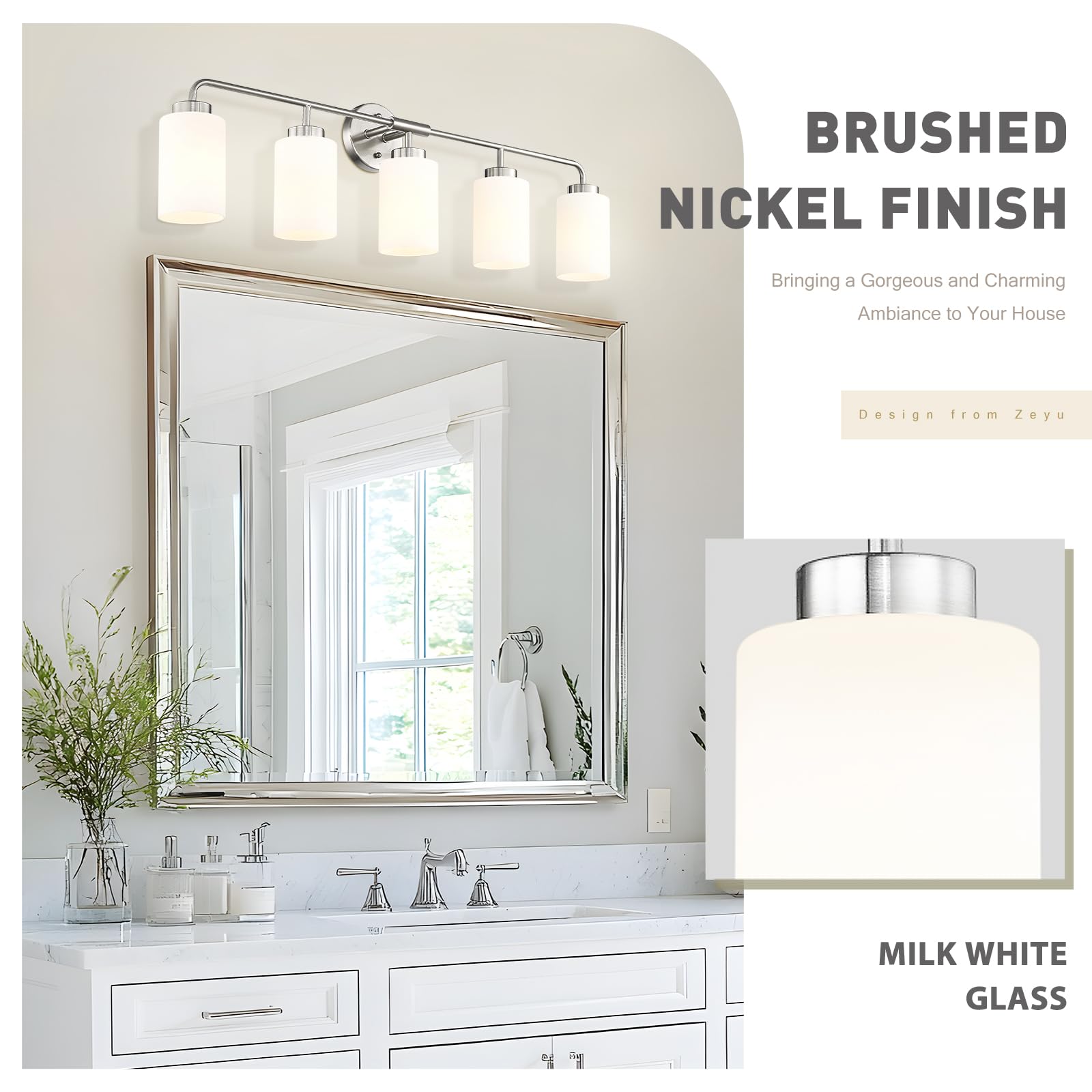 Zeyu Modern Bathroom Wall Sconce  5-Light Wall Mirror Light  Vanity Lighting Over Mirror  Brushed Nickel Finish With Milky White Glass Shade  Zs62B-5W Bn
