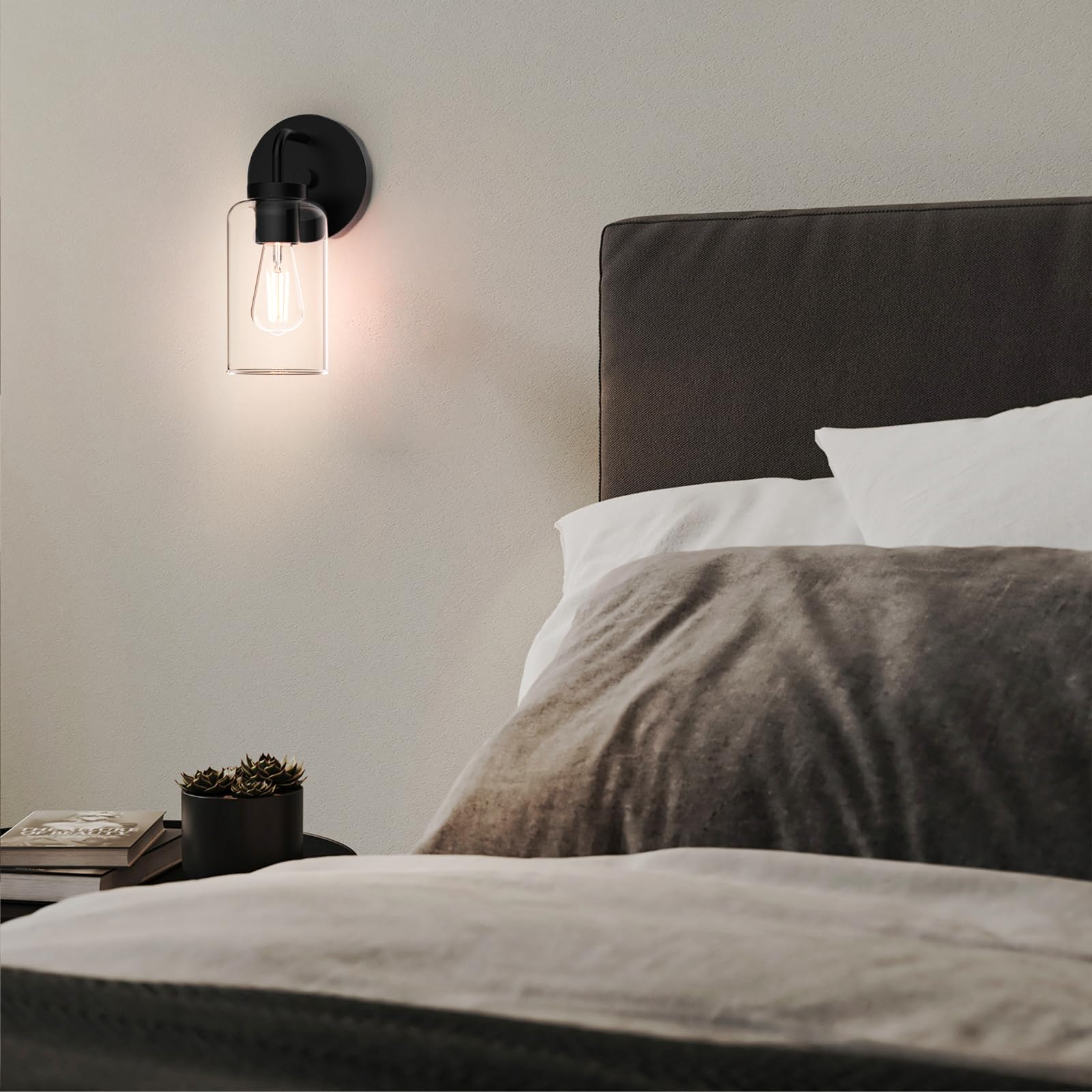 Zevluck 1-Light Wall Sconce, Modern Wall Light Fixtures With Clear Glass Shade, Matte Black Bathroom Vanity Light, Hardwired Van