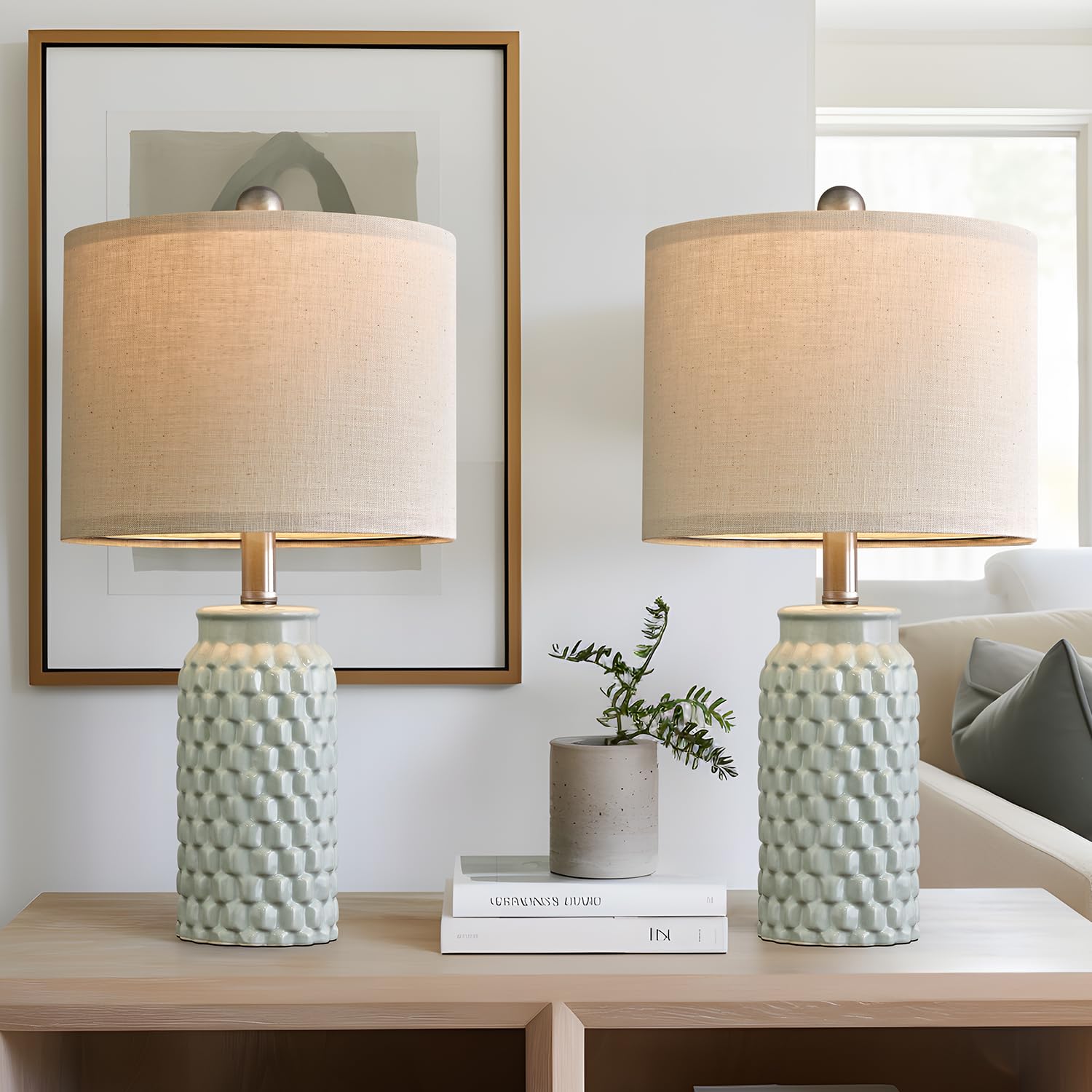 USumkky 20.5 inches Modern Ceramic Green Bedside Lamp Set of 2 for Bedroom Decor Farmhouse Table Lamp for Living Room Office Dor
