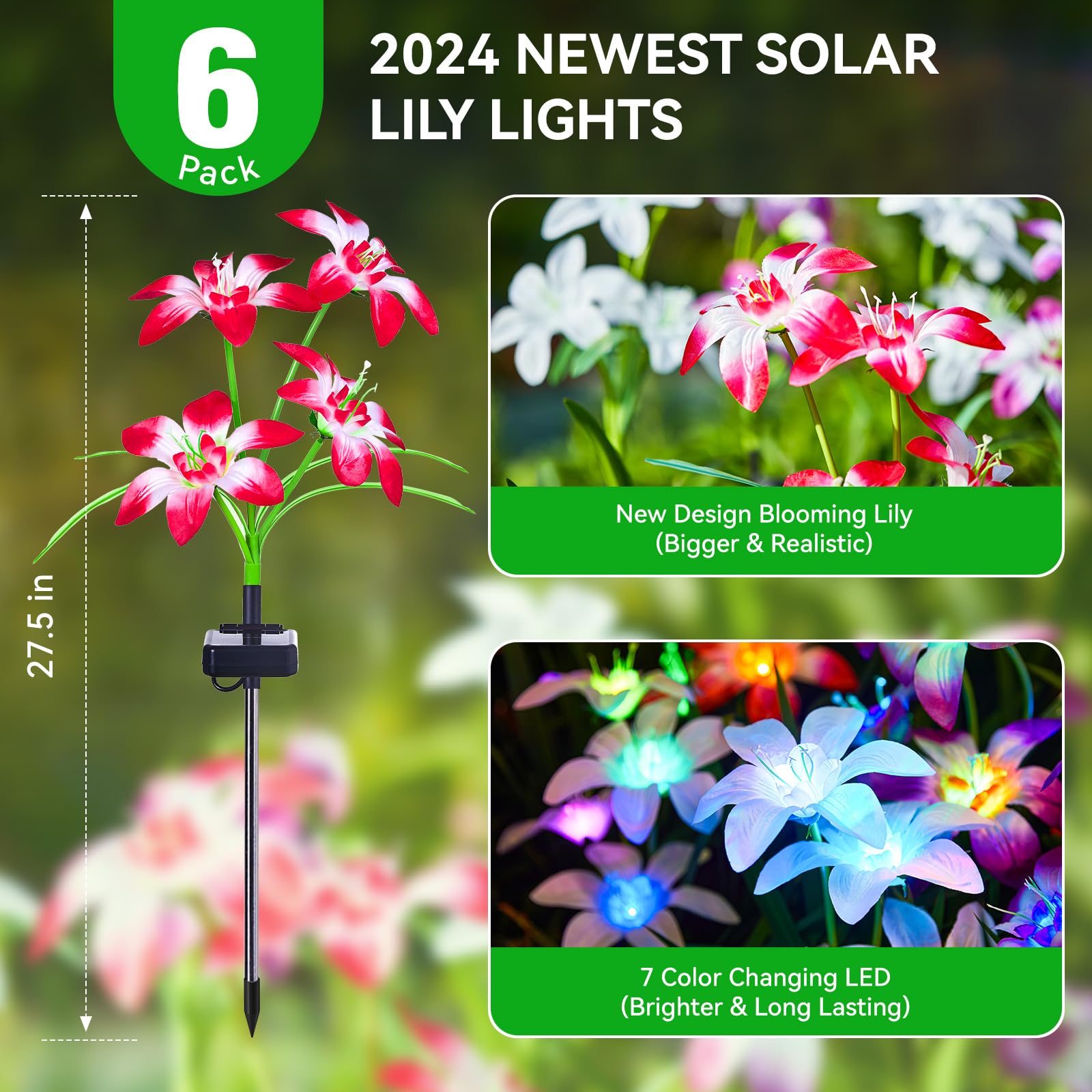 WdtPro Solar Garden Lights, 6 Pack, 24 Enlarged Lily Flowers, 7 Color Changing, Waterproof, Multicolor, Model TFL001