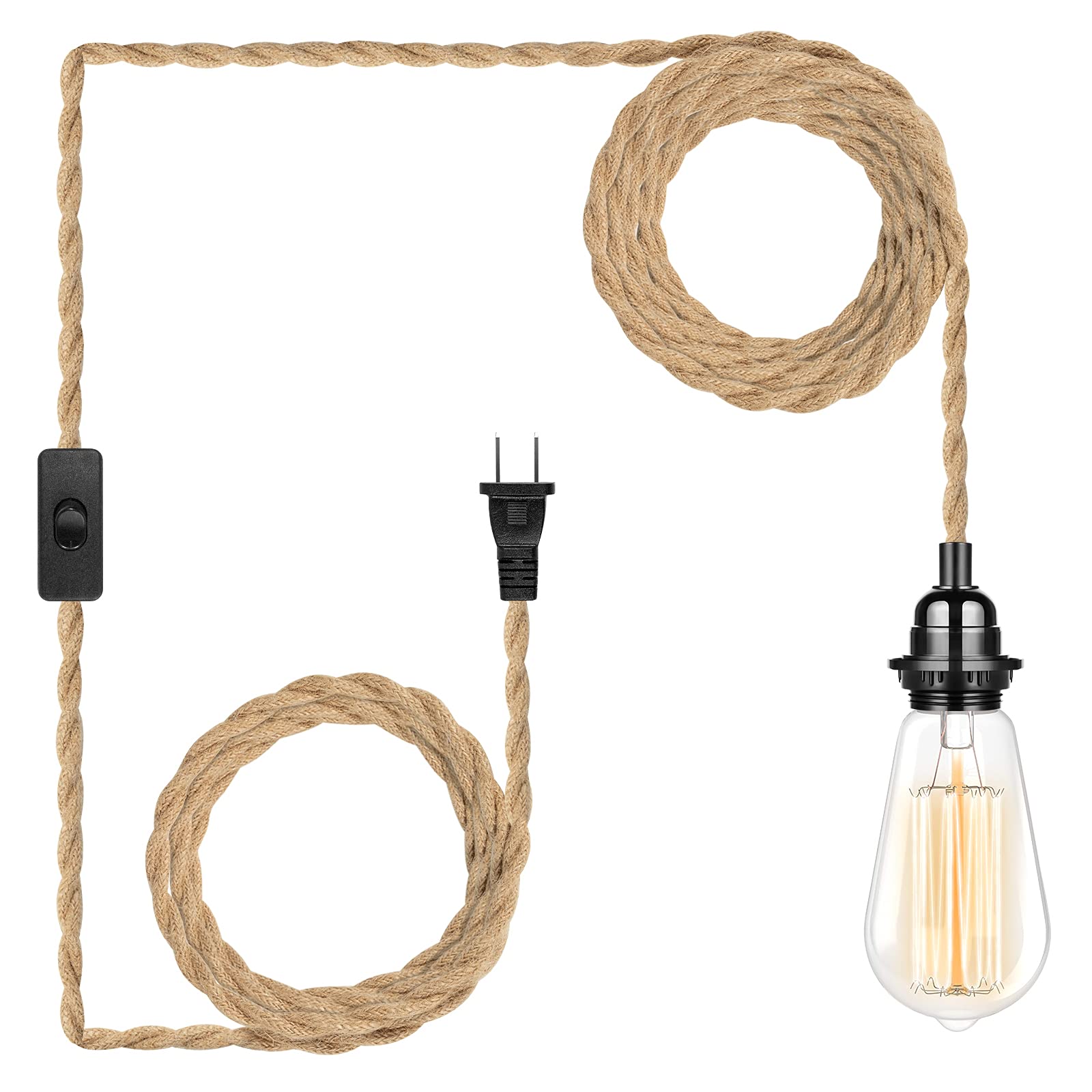 HURYEE Plug in Hanging Light Fixture, 15FT Hemp Rope Pendant Lamp, E26 Bulb Socket, Yellow, Model RP50-1
