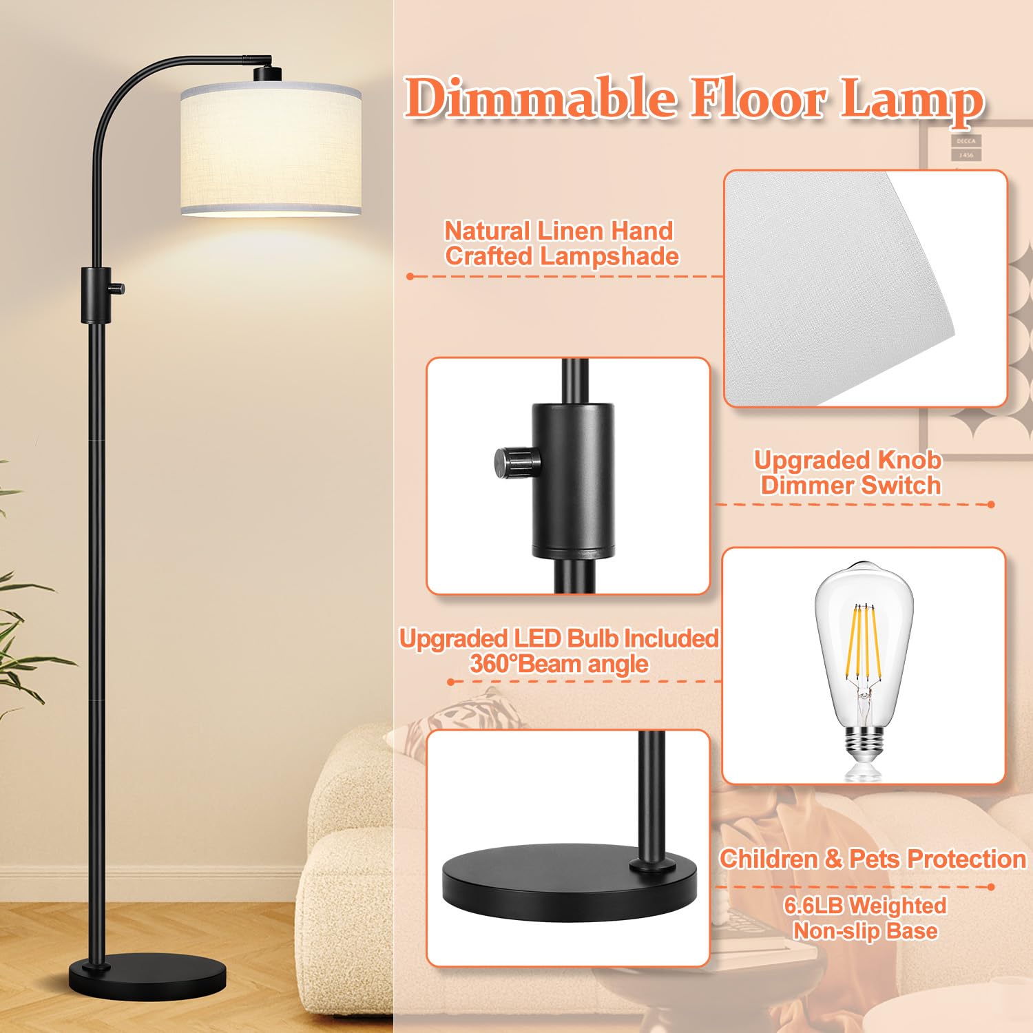 [Upgraded] Dimmable Floor Lamp, 1200 Lumens Led Edison Bulb Included, Arc Floor Lamps For Living Room Modern Standing Lamp With