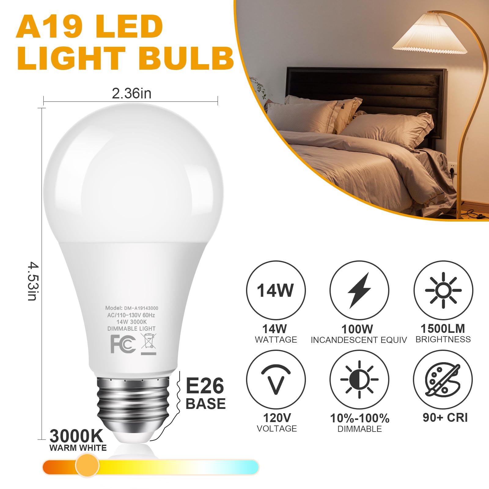 16-Pack Dimmable Light Bulbs - 100W Equivalent, A19 Led Bulbs 1500Lm, Warm White 3000K, No Flicker, E26 Base For Kitchen, Bedroo