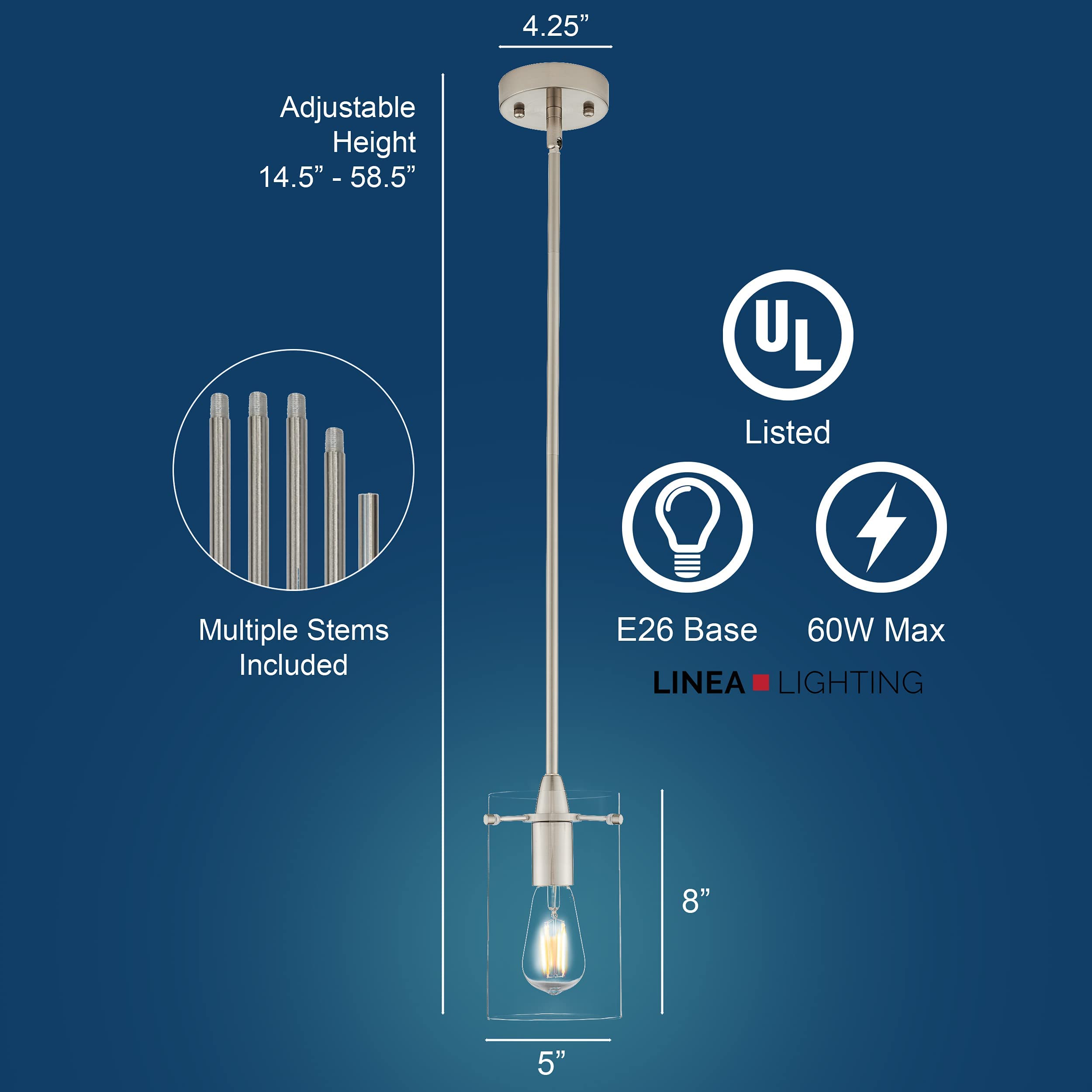 Linea di Liara Effimero Pendant Light Fixtures, Medium, Brushed Nickel, Metal, Model LL-P313-BN, Clear Glass Shade