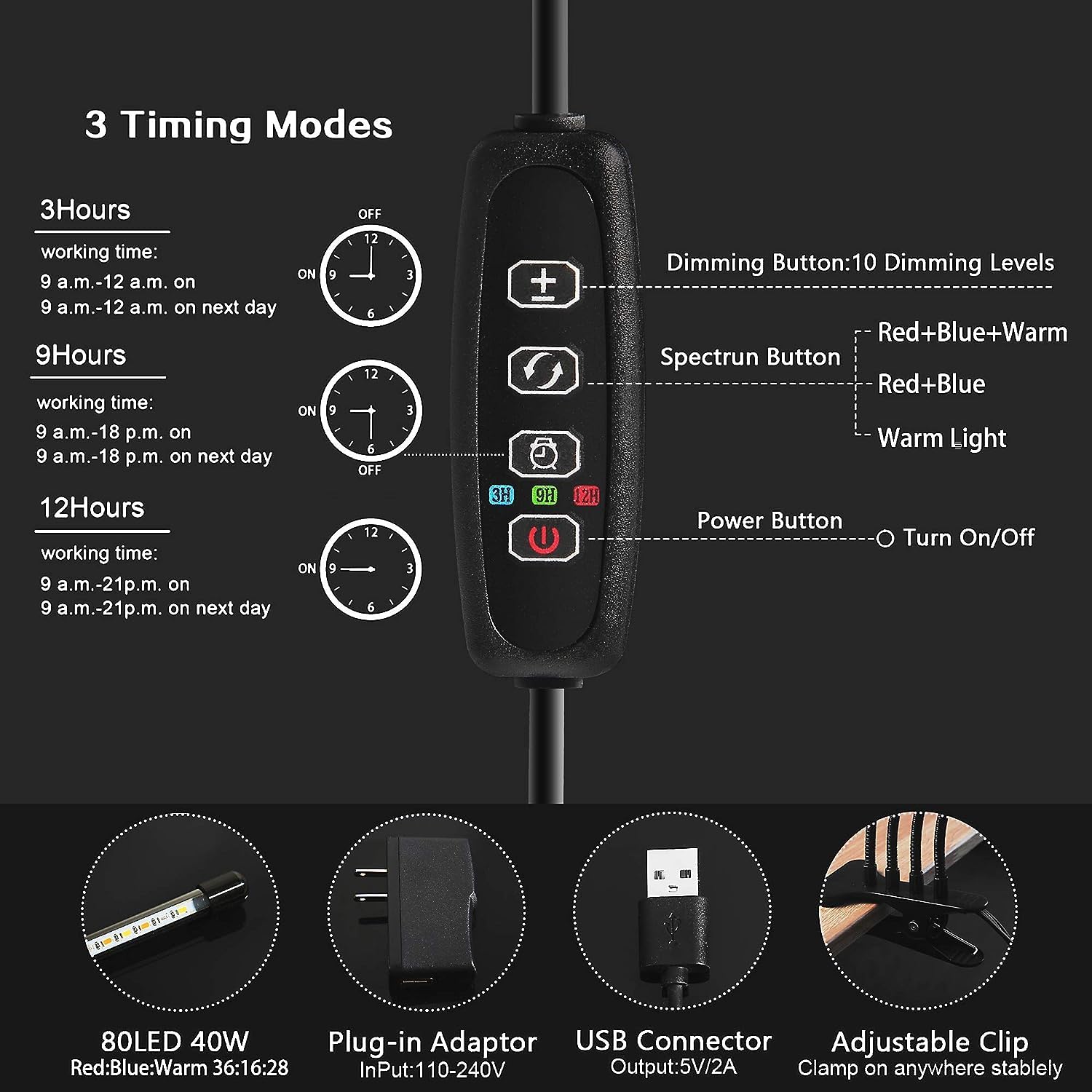 LEOTER Grow Light for Indoor Plants - 80 LED Full Spectrum, 3/9/12H Timer, 10 Dimmable Levels, Adjustable Gooseneck, Black