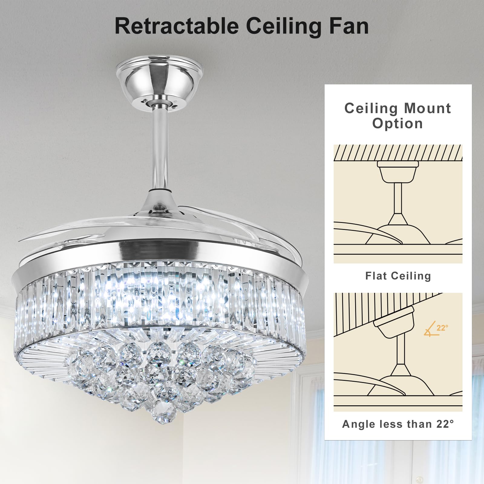 Bavnnro 36" Silver Retractable Fandelier Ceiling Fan with Light, Remote Control, Dimmable - Ideal for Dining Room, Bedroom