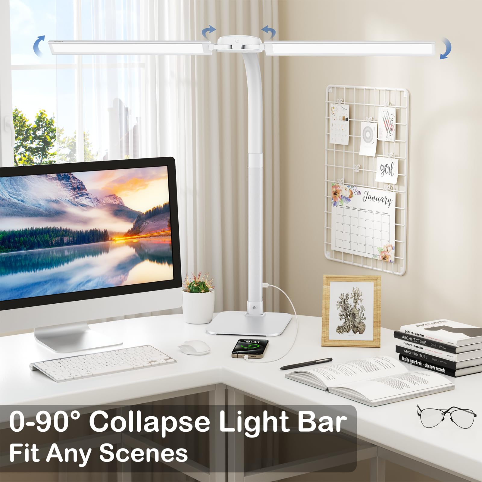 Kary Desk Lamp - 24W LED with USB Charging, Adjustable Gooseneck, 5 Color Modes, White, Model KX02D