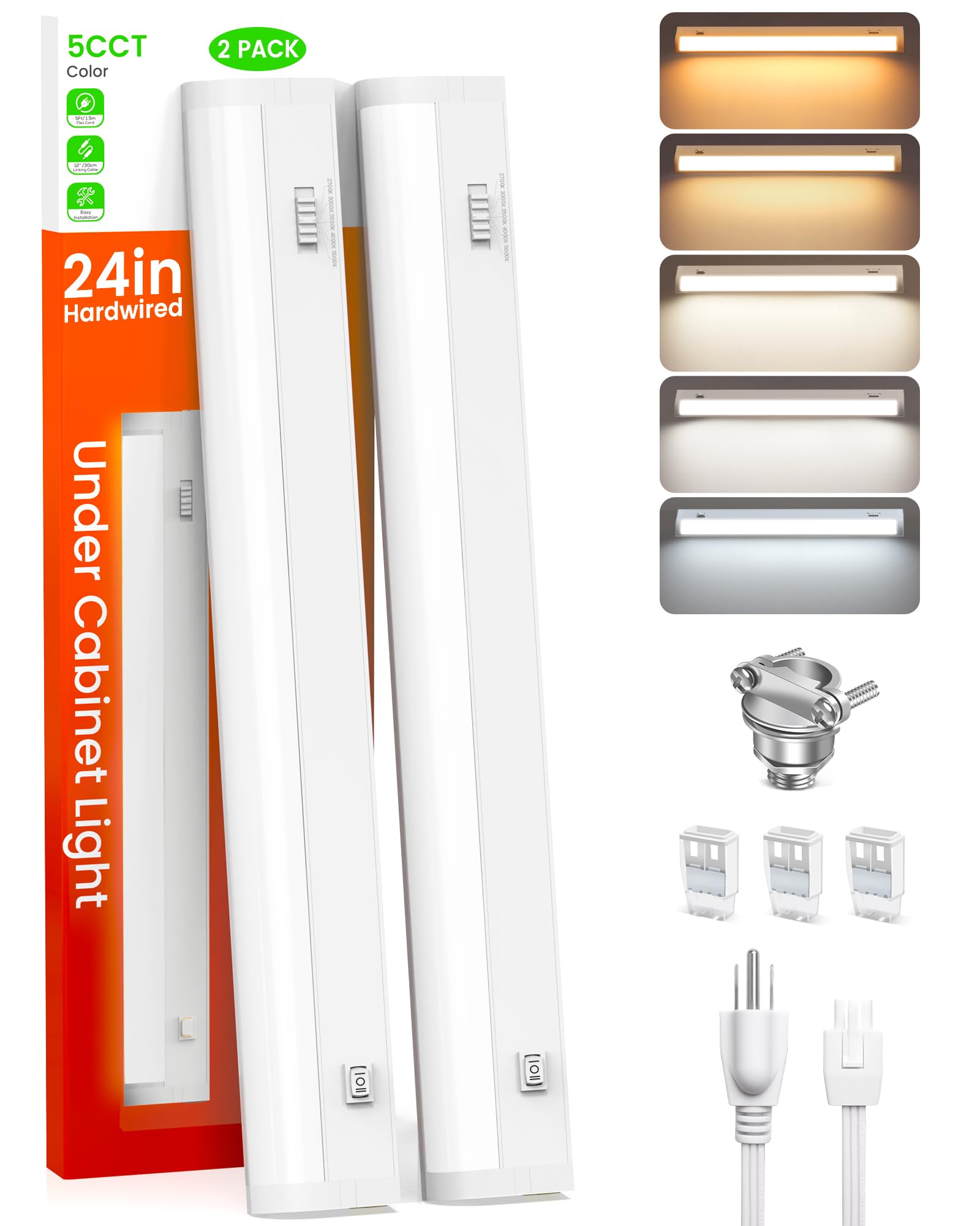 Alusso Lighting?24 Inch Led Under Cabinet Lighting Hardwired & Plug In  5Cct Color Selectable 2700K-5000K Dimmable 15W 1350Lm High Brightness  Linkable Strip Under Counter Lights For Kitchen  2 Pack