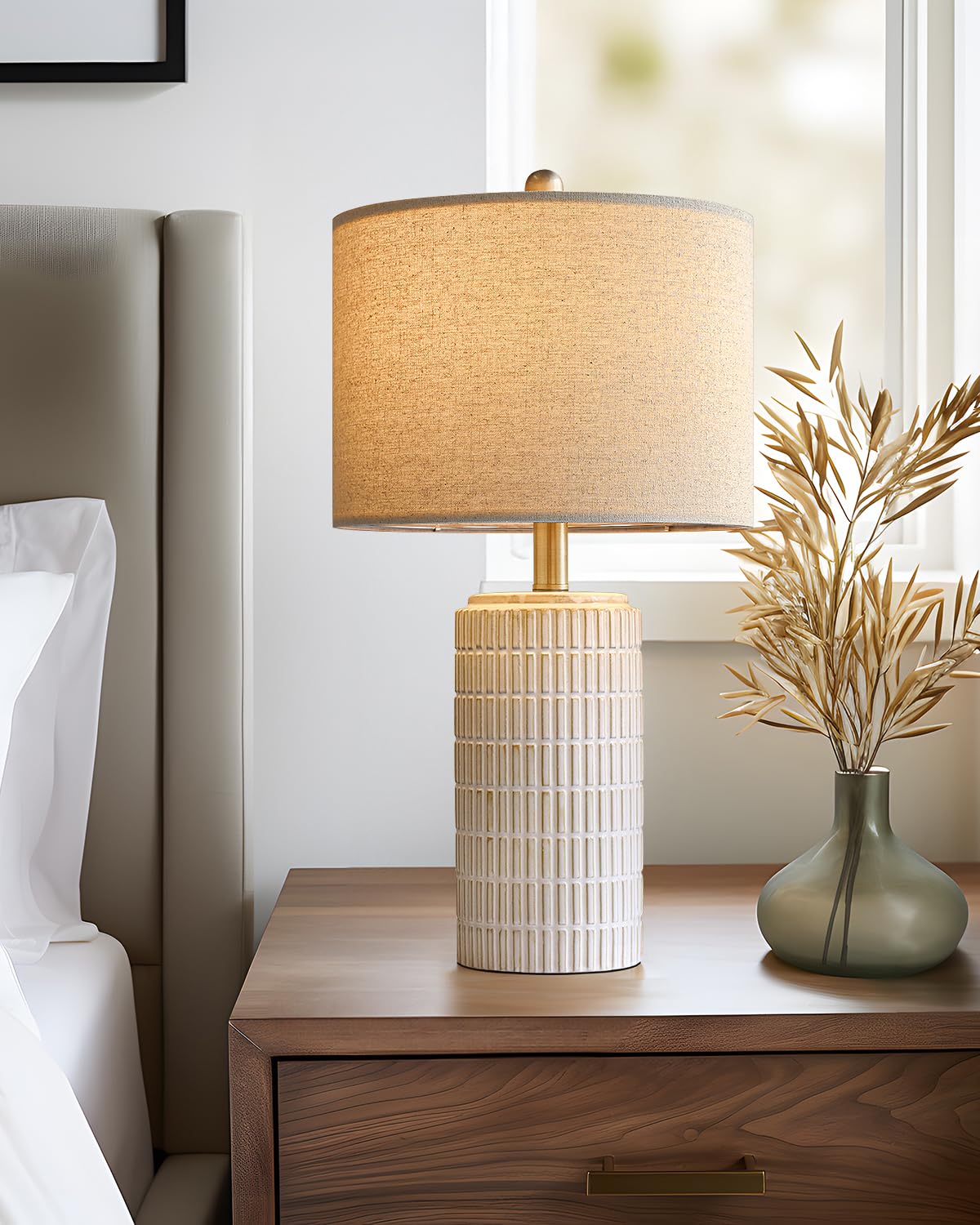 PoKat 23" Ceramic Bedside Table Lamp - White with Round Linen Shade, Modern Nightstand Light, Model AMZ-T1102CR-1