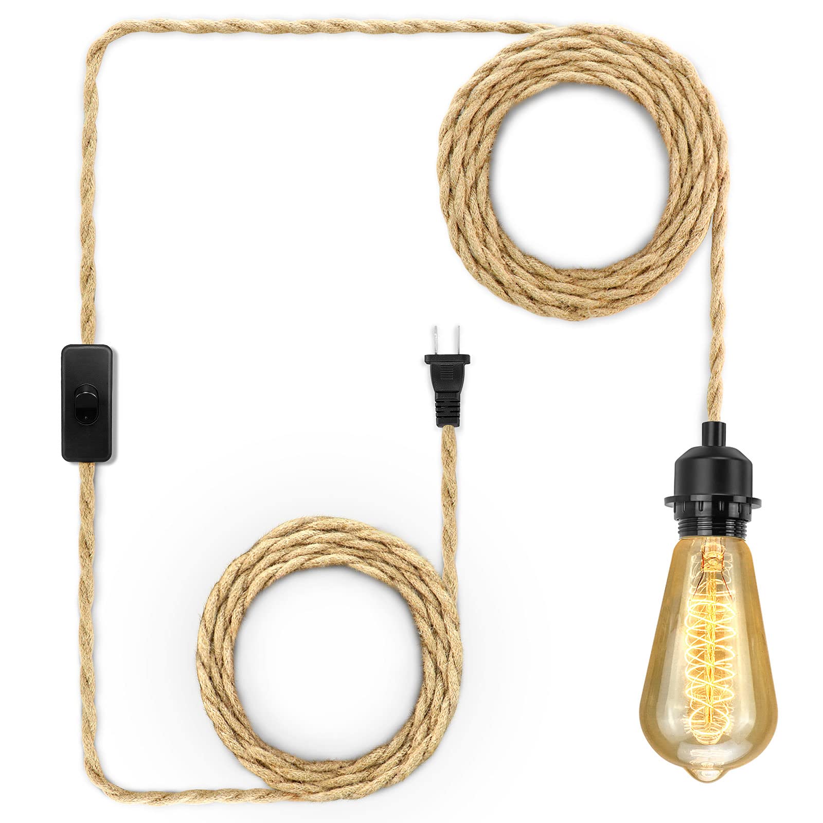 Lyoowng 15Ft Hemp Rope Plug-In Pendant Light With On/Off Switch, E26 E27 Socket, Yellow
