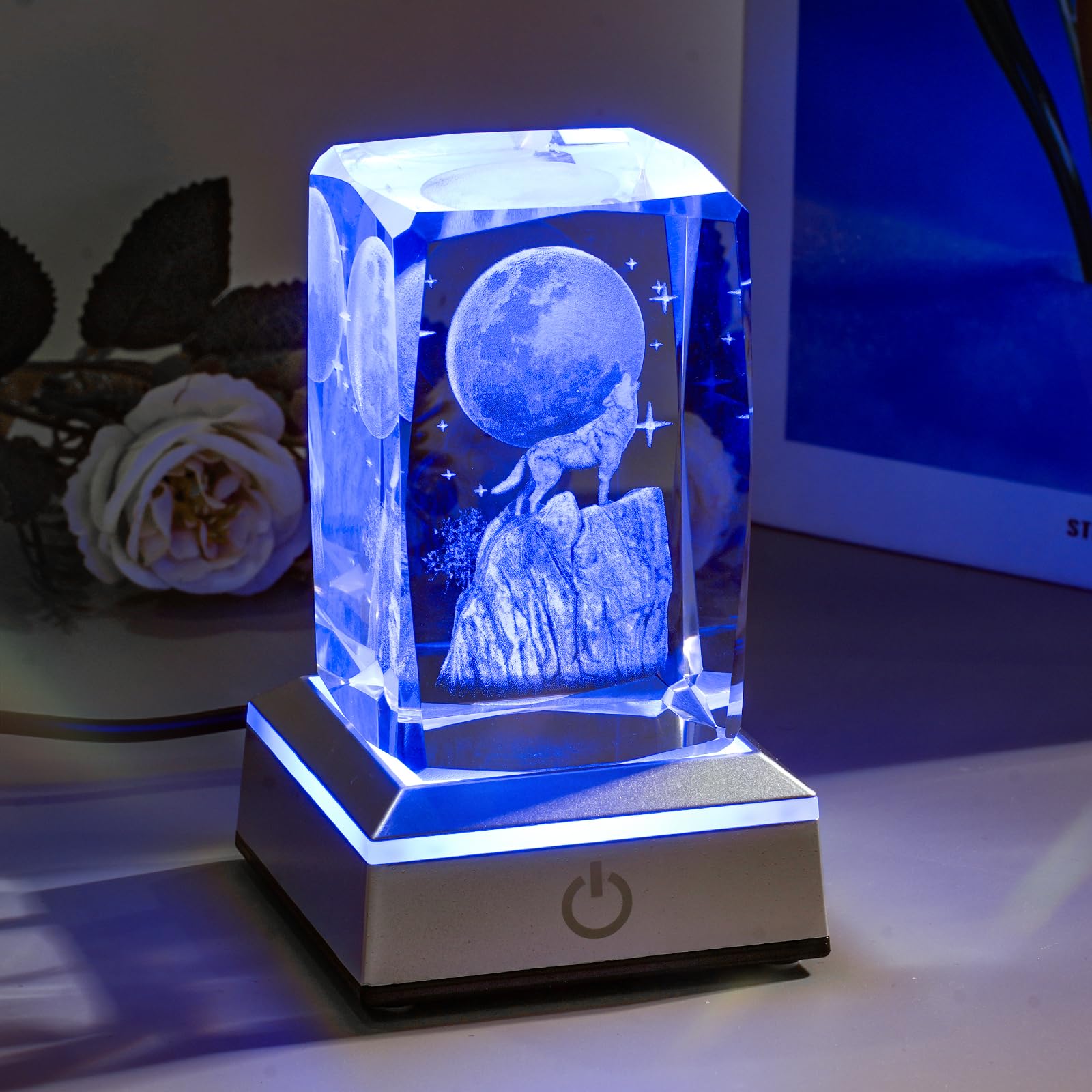Eicxjui 3D Wolf Crystal Night Light With Multicolor Led Base Glass Laser Engraved Wolf Figurines Statue Gifts For Boys Girls Bir