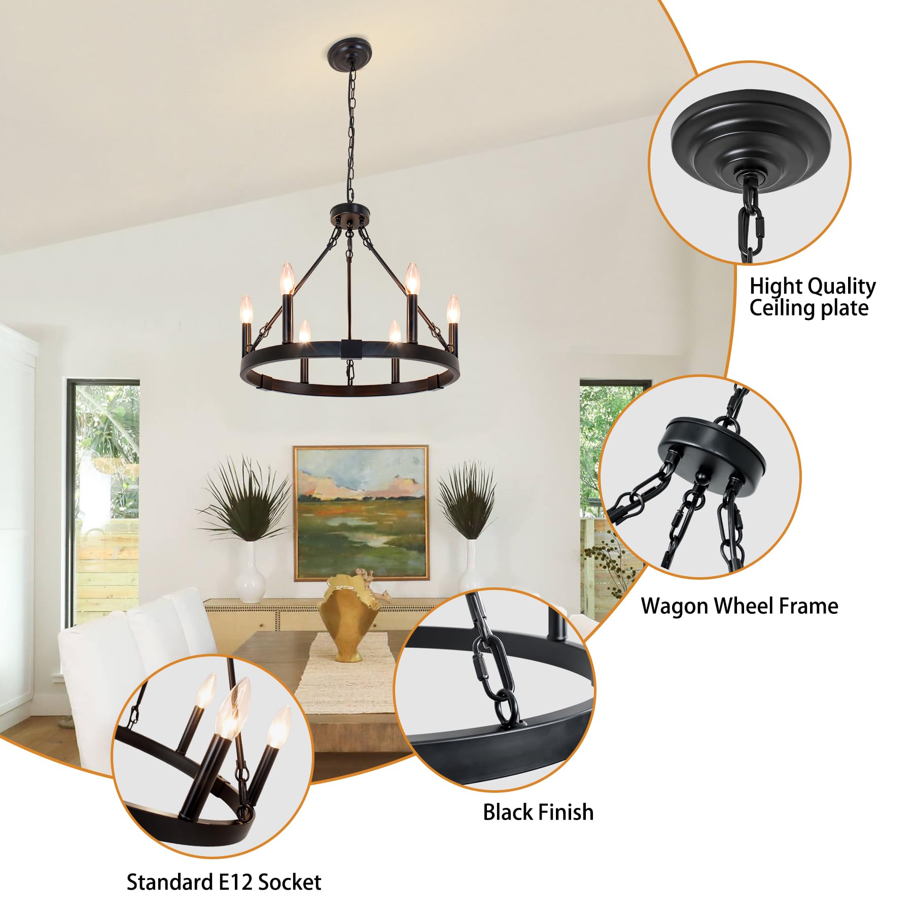 Rviezza 6-Light Wagon Wheel Chandelier, Black Metal Vintage Pendant Light for Dining Room, Kitchen, Entryway - Model B0CP97XGT2