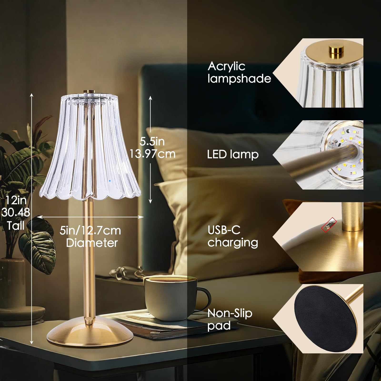 1Pack Crystal Table Lamp Cordless Small Light, [2000Mah]Rechargeable Led Diamond Table Lamps With 3 Color Changing Light, [Non-Y