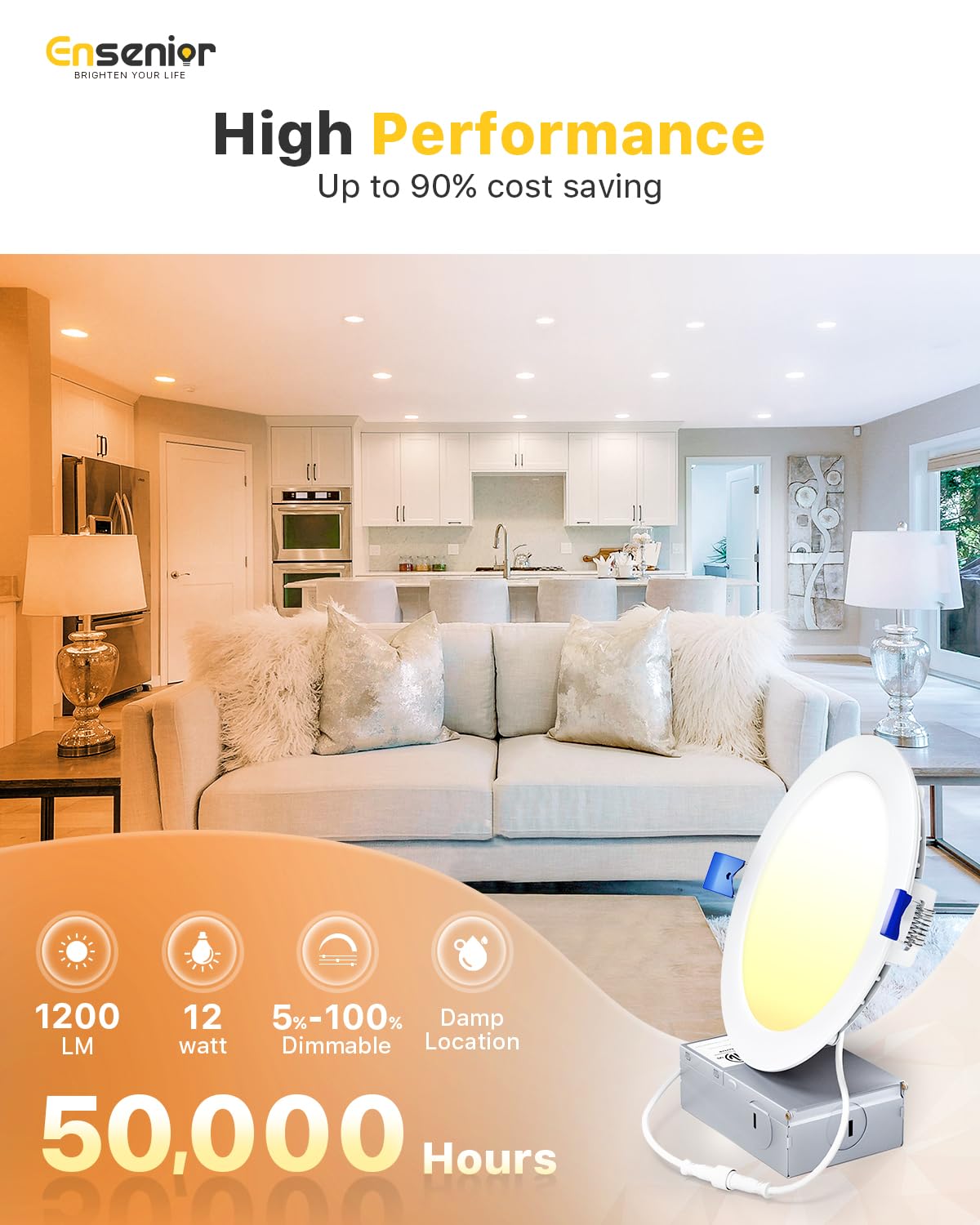 Ensenior 6 Inch Dimmable LED Recessed Light, 2700K-5000K 5CCT, 1200LM, Ultra-Thin Canless, Damp Rated