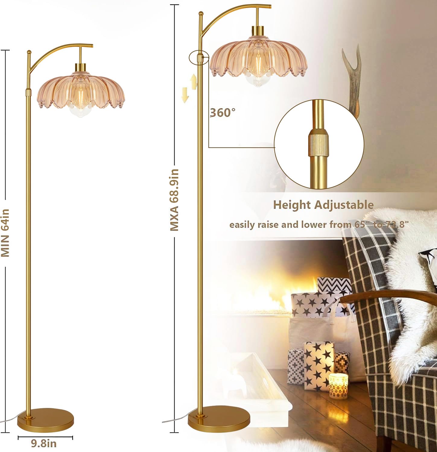 Qiyizm Boho Floor Lamp For Living Room Bedroom With Remote Rattan Standing Lamp Dimmable Arc Black Farmhouse Wicker Bamboo Lamp