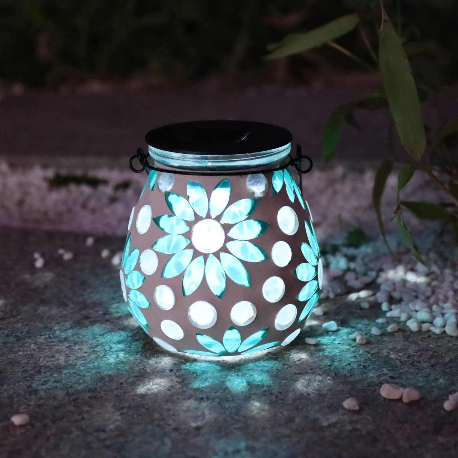Afirst Mosaic Solar Lantern - Glass Hanging Outdoor Light, Waterproof Table Lamp, Blue Daisy, Model 4428721